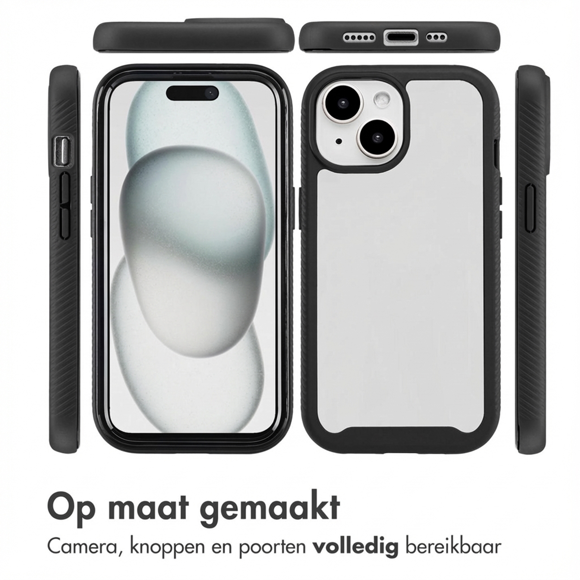 A black phone case set with an iPhone. Views from front, back, side, and top/bottom.