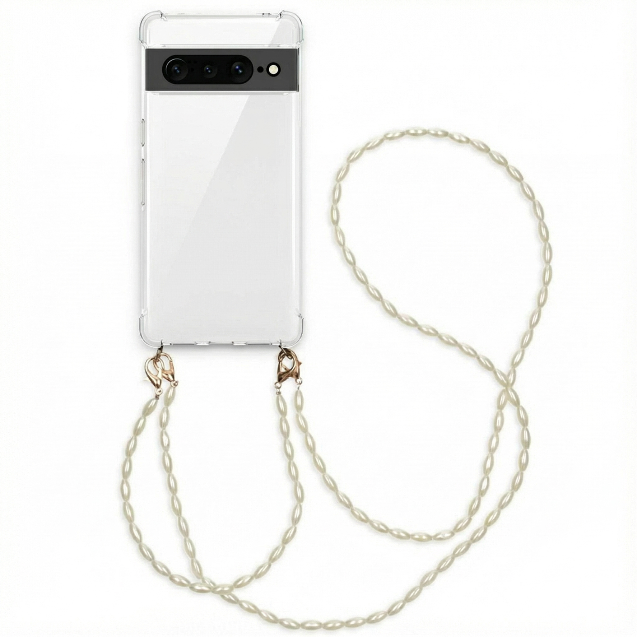 Una custodia trasparente per telefono con cinturino di perle su sfondo bianco.