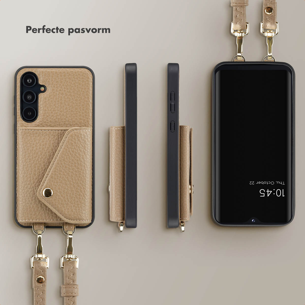 Een beige telefoonhoes met kaarthouder en riempje, met zijaanzichten.