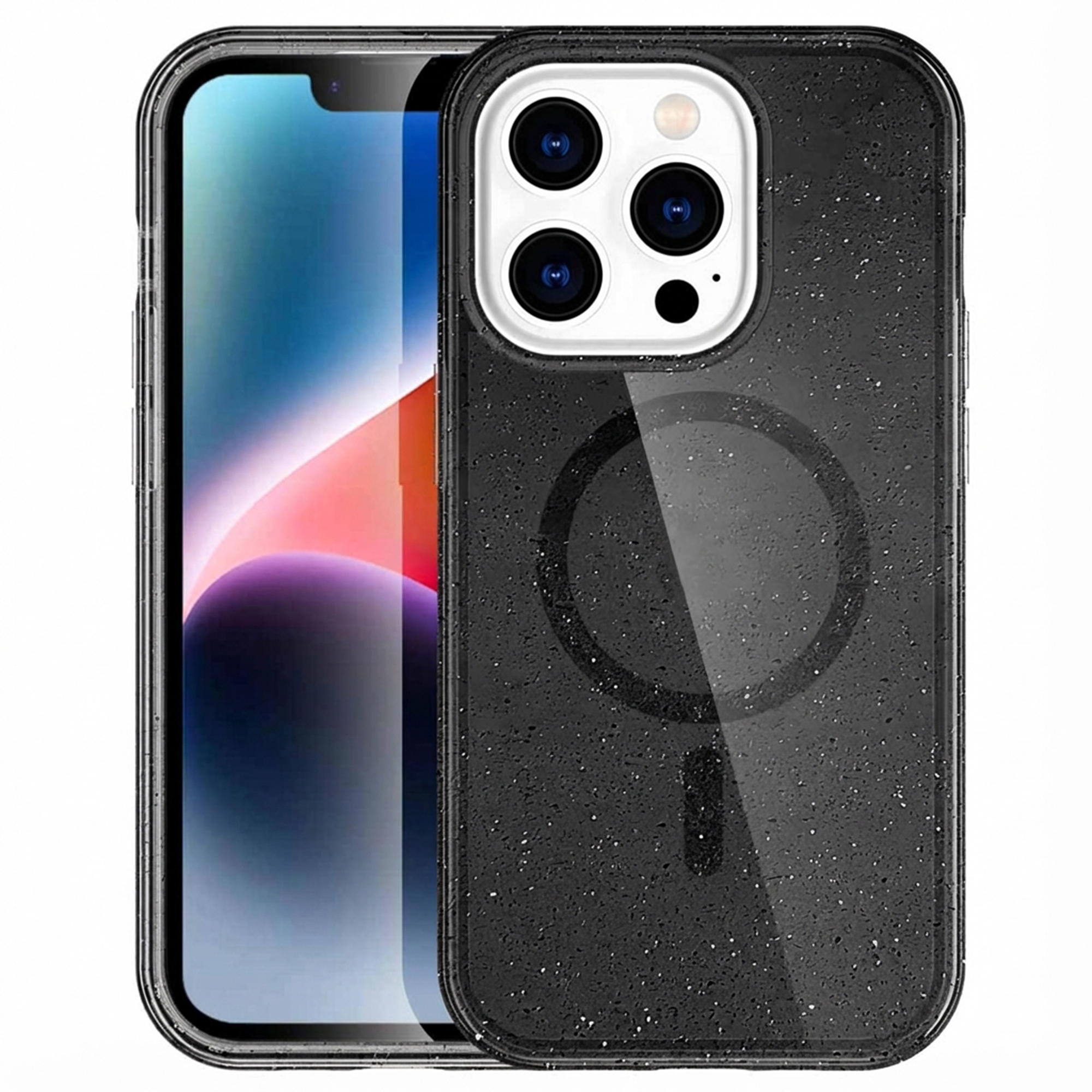 Un iPhone noir avec une coque tachetée et un module caméra est montré.