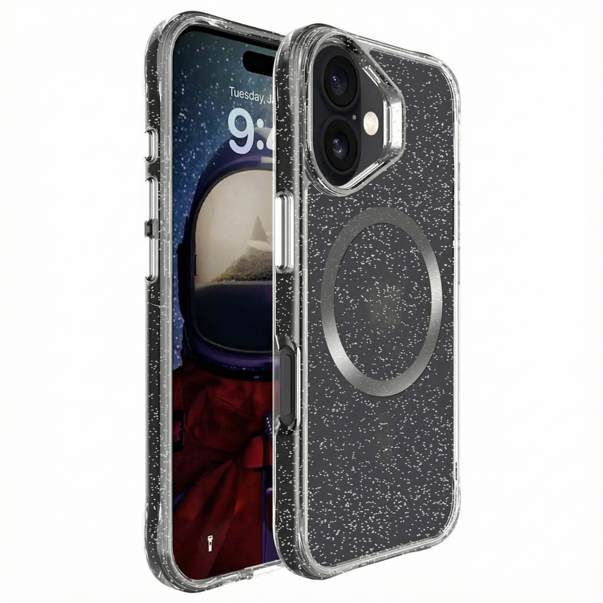 Een doorzichtige telefoonhoes met glitter, op een telefoon met astronautenafbeelding.