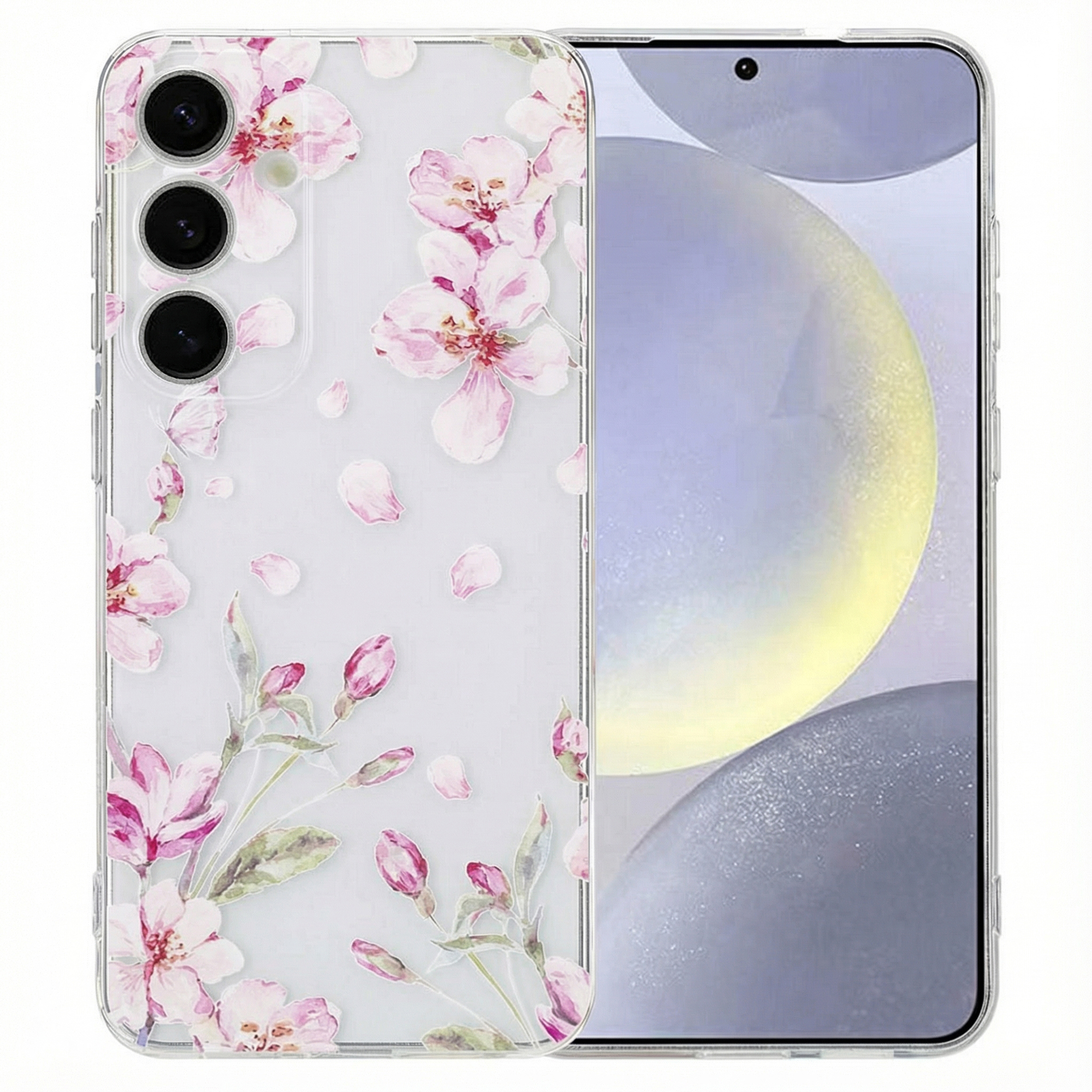 Coque de téléphone transparente avec fleurs et feuilles roses, à côté d'un smartphone.