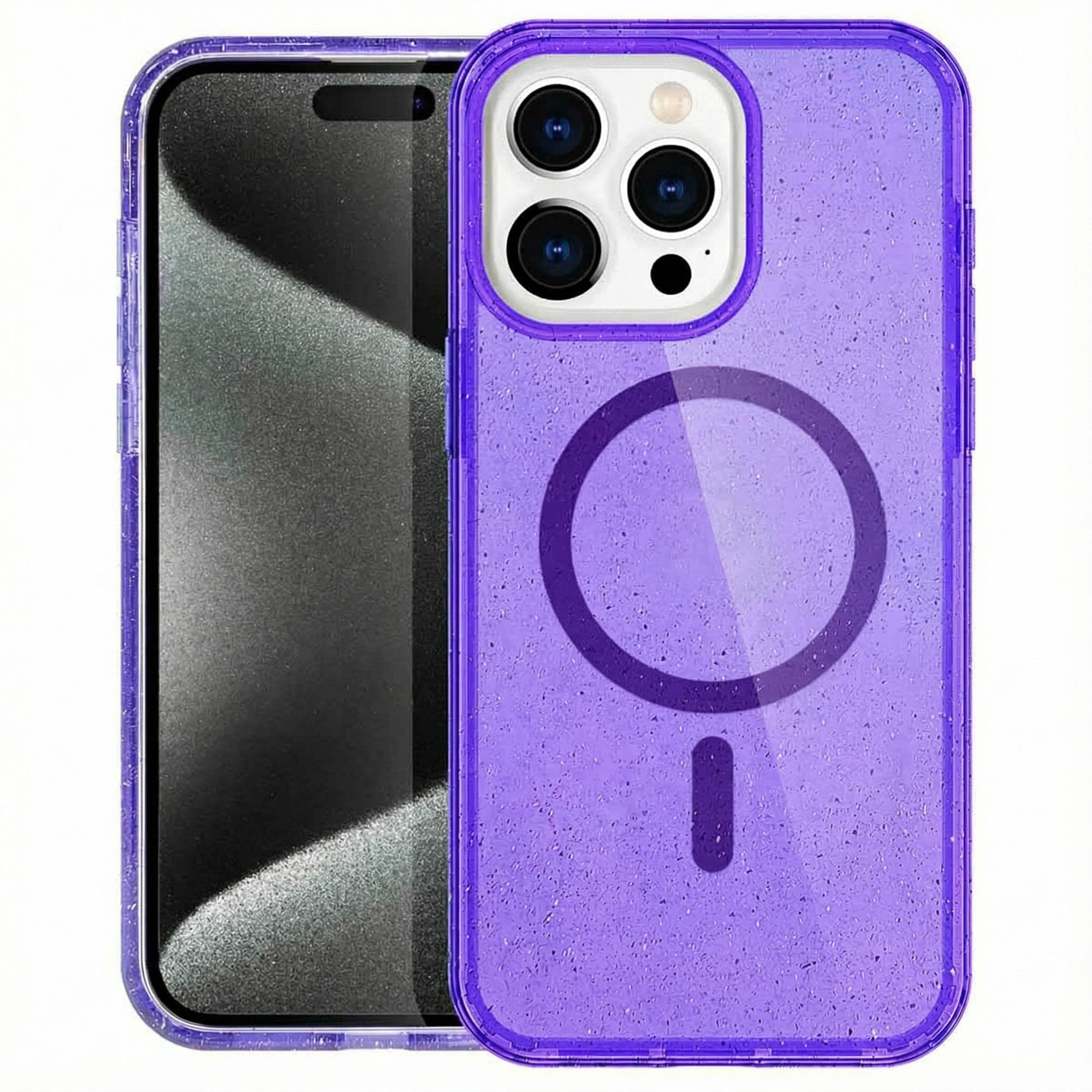 Paarse transparante glitter telefoonhoes met camera module en MagSafe cirkel.
