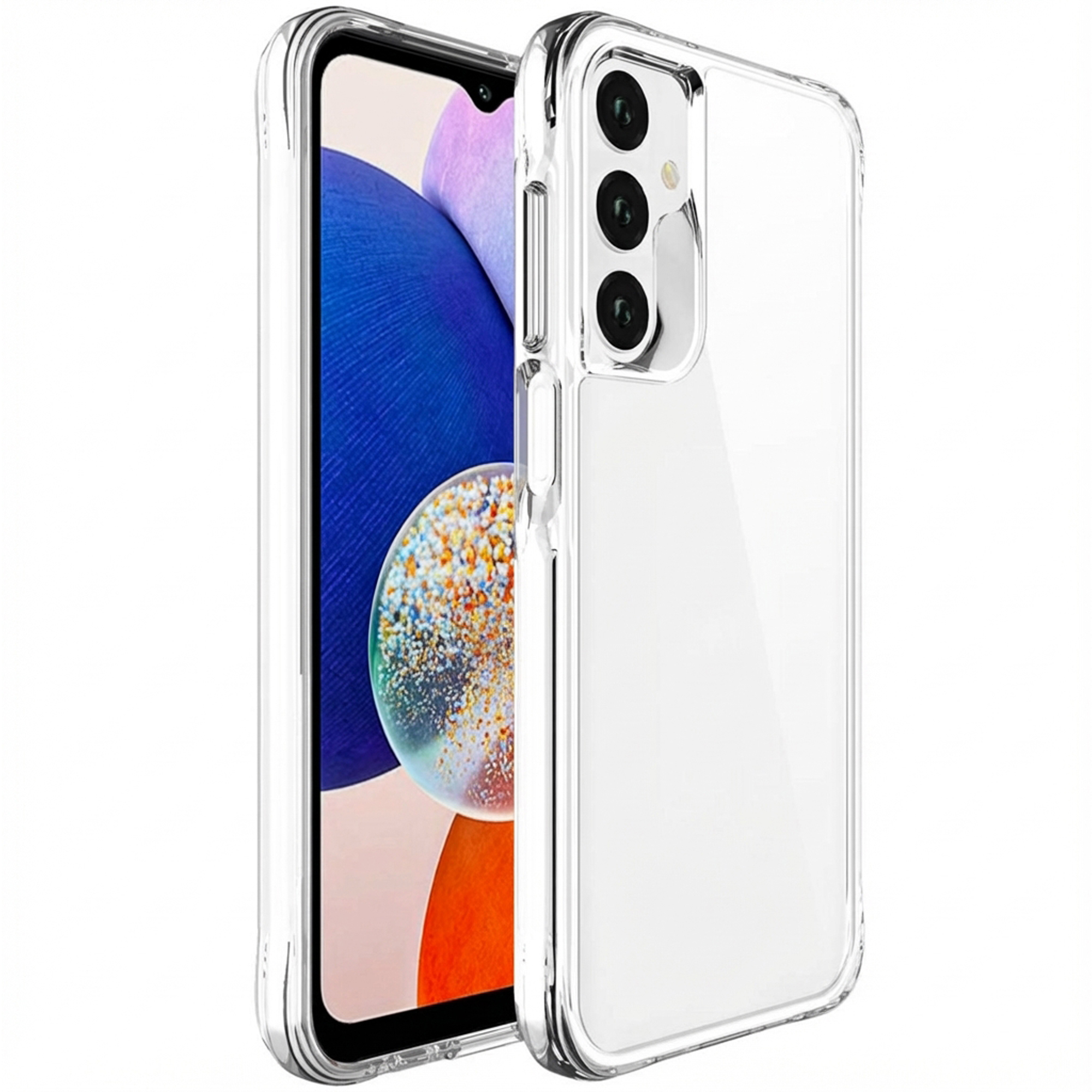 Une coque de téléphone transparente montrant un téléphone à triple appareil photo.