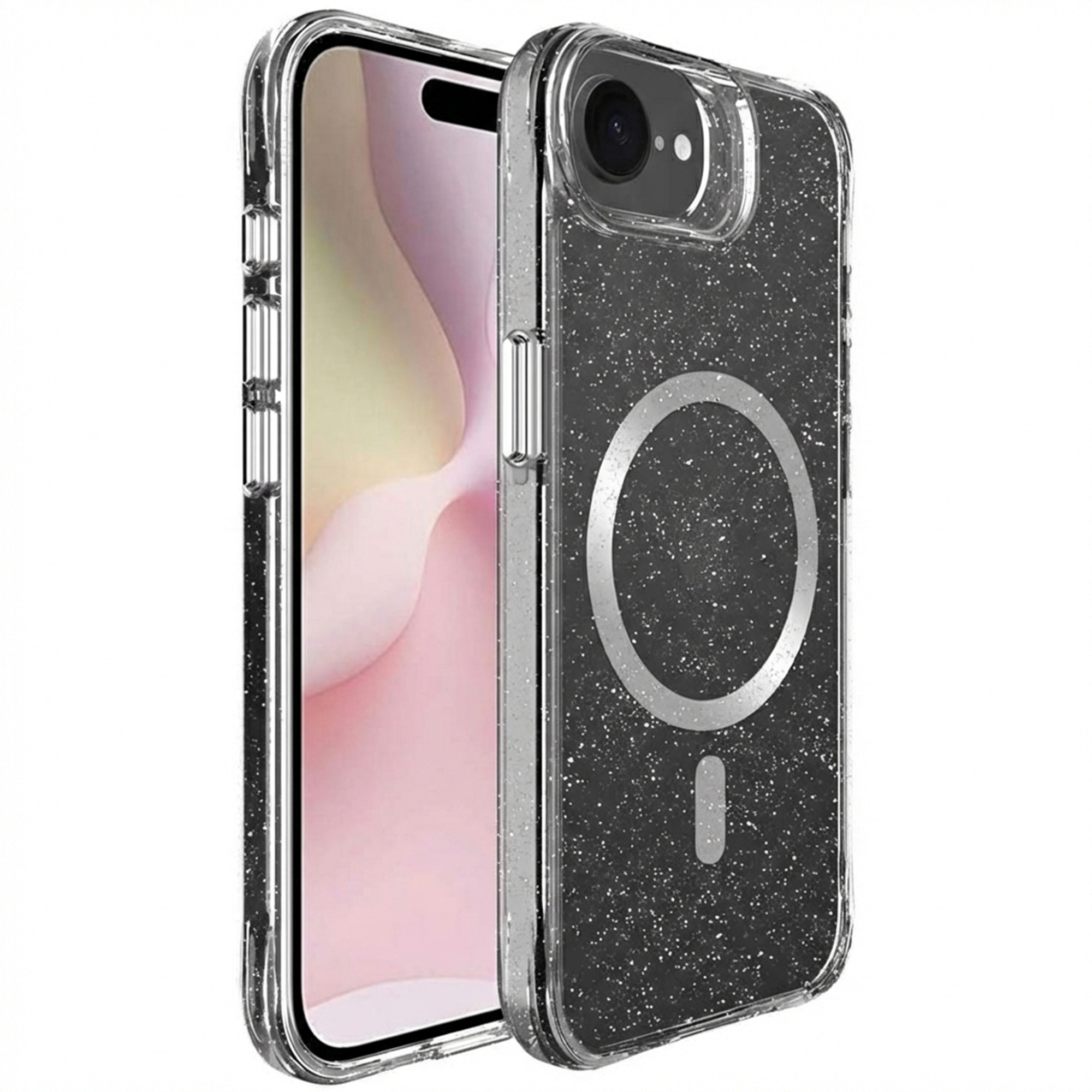 Zwarte glitter hoes voor iPhone met MagSafe ring.