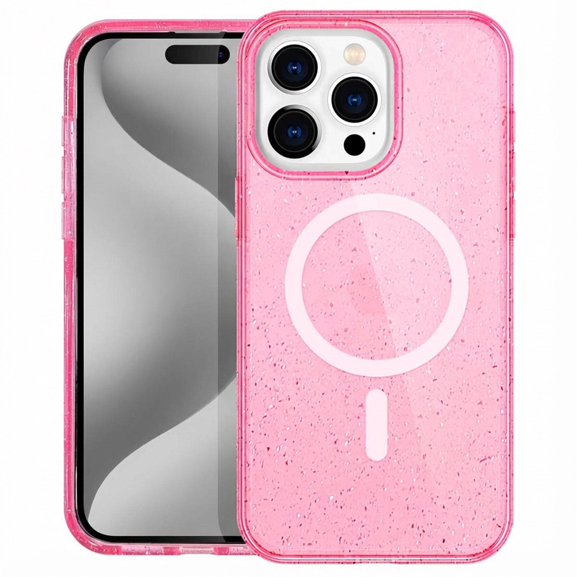 Een roze glitter telefoonhoesje met een magnetische ring.