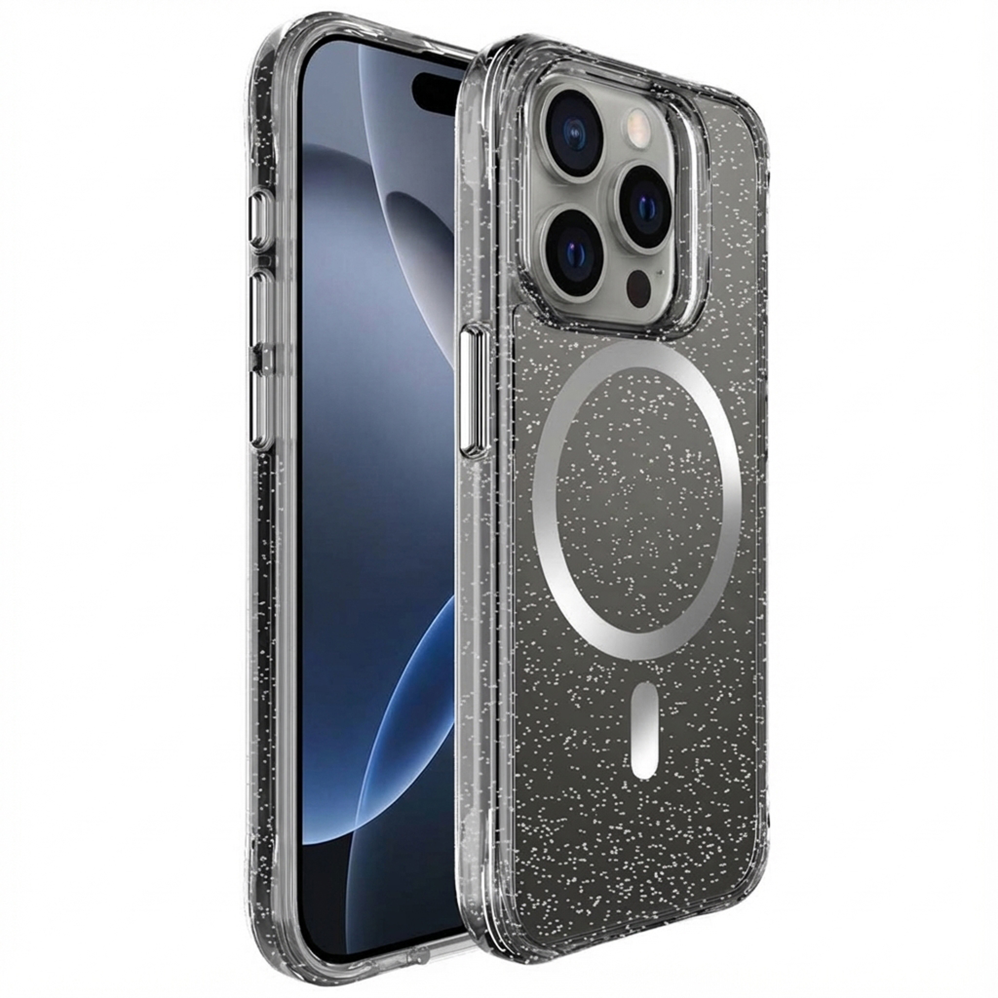 Coque transparente à paillettes pour smartphone, montrant les caméras et l'anneau magnétique.