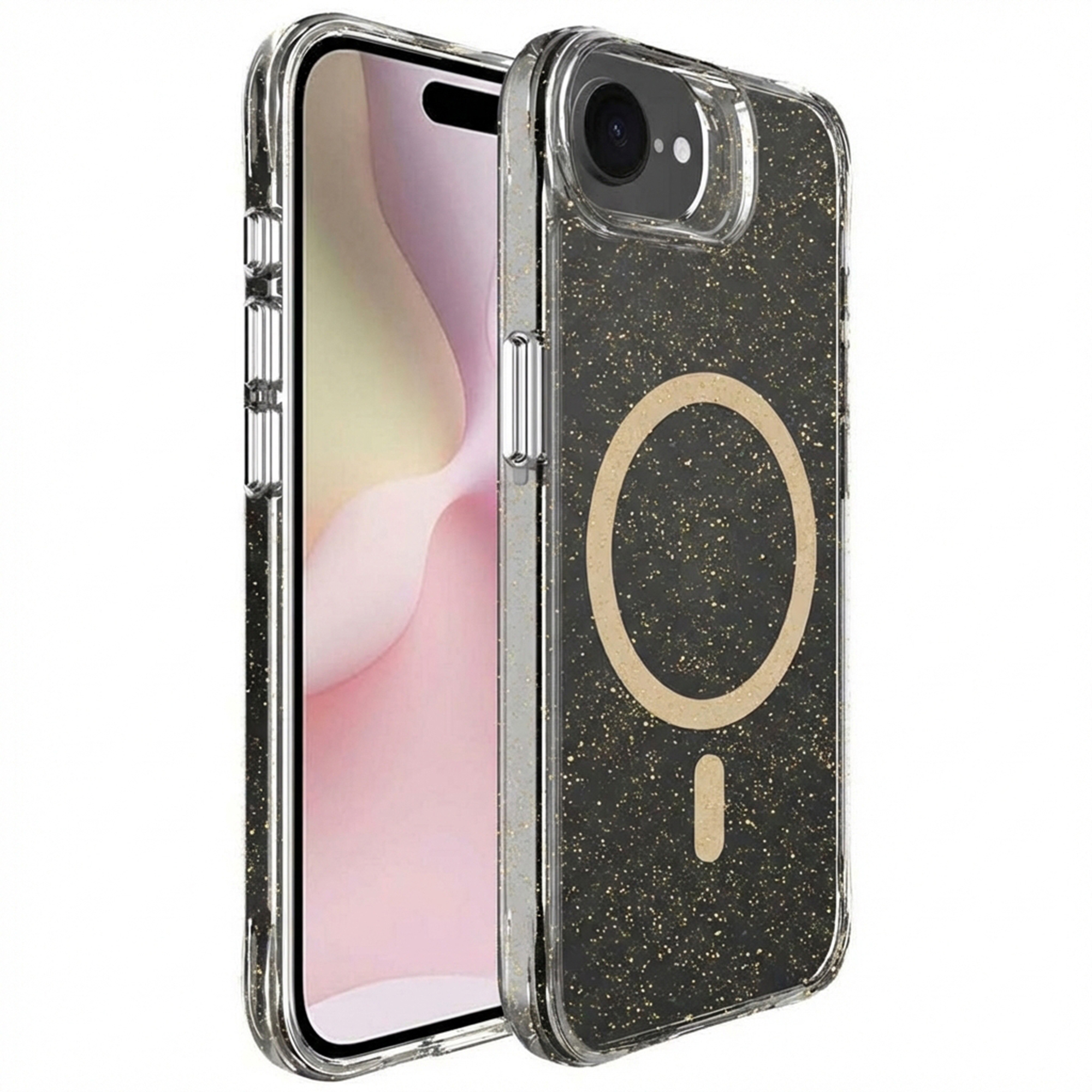 Zwarte glitter telefoonhoes met gouden magneetring voor iPhone.