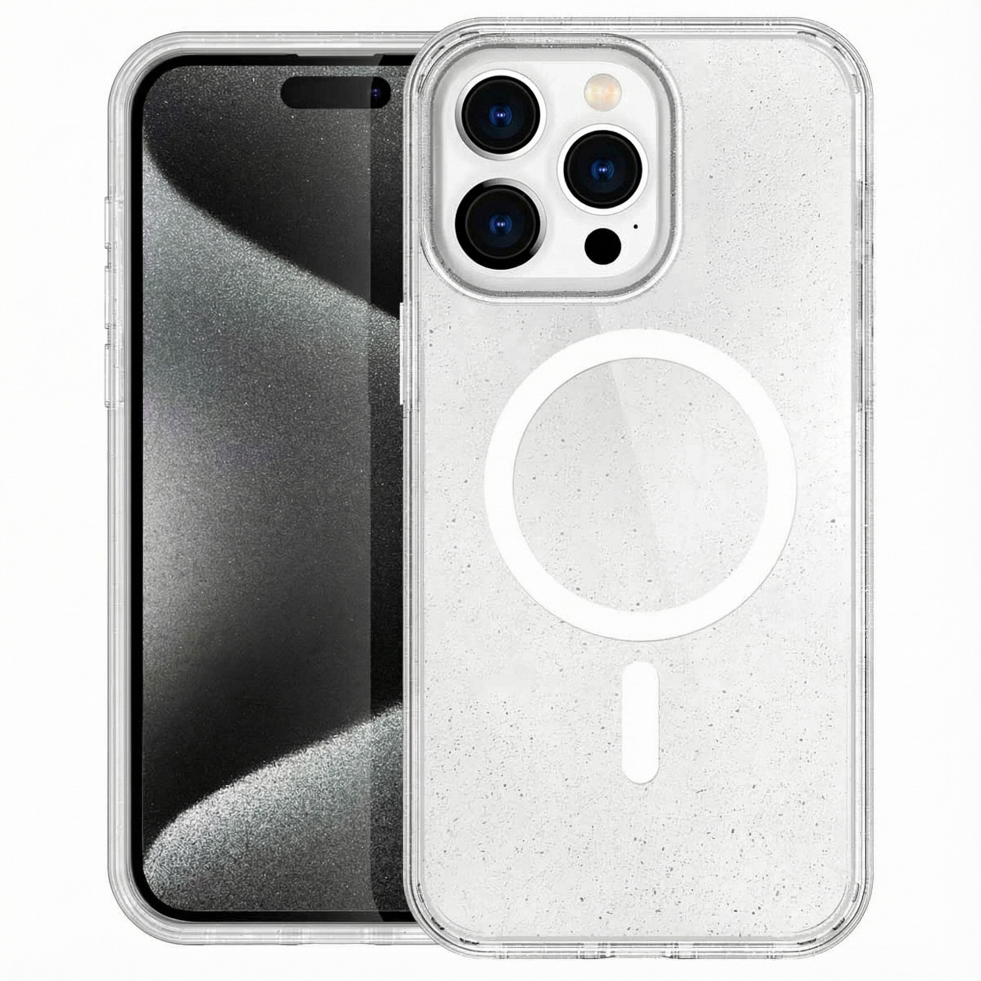 Een doorzichtige telefoonhoes met glitter en camerapaneel.
