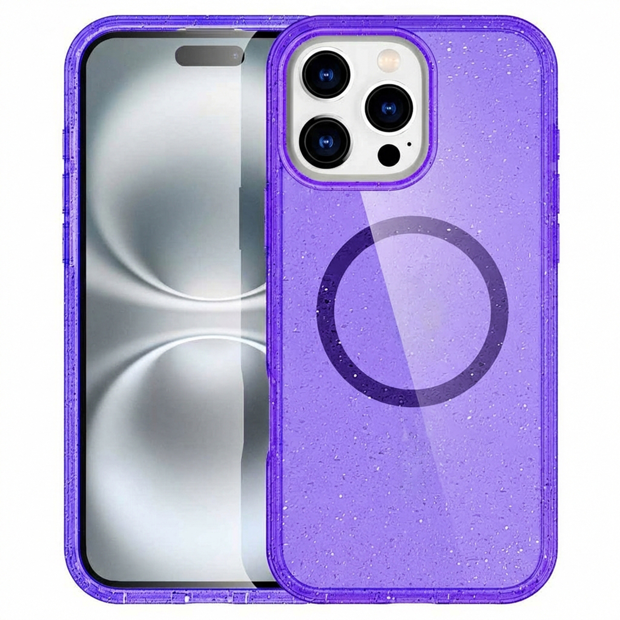 Paarse telefoonhoes met glitterdeeltjes en camera-uitsparing. Magneetring zichtbaar.