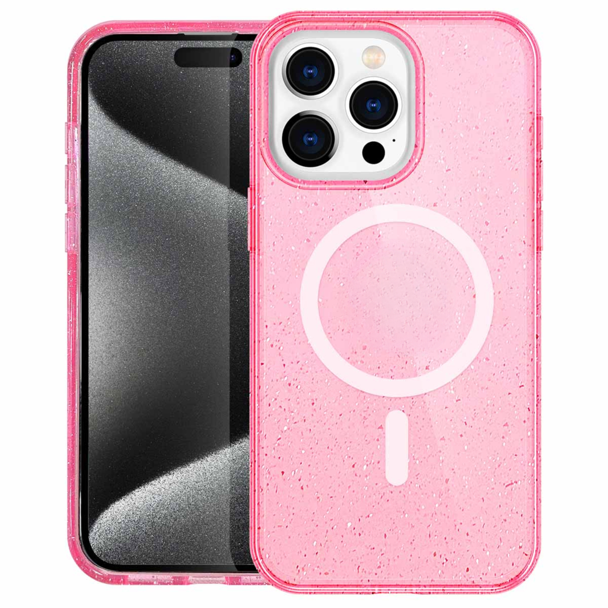 Een roze glitter telefoonhoesje naast een zwarte smartphone.