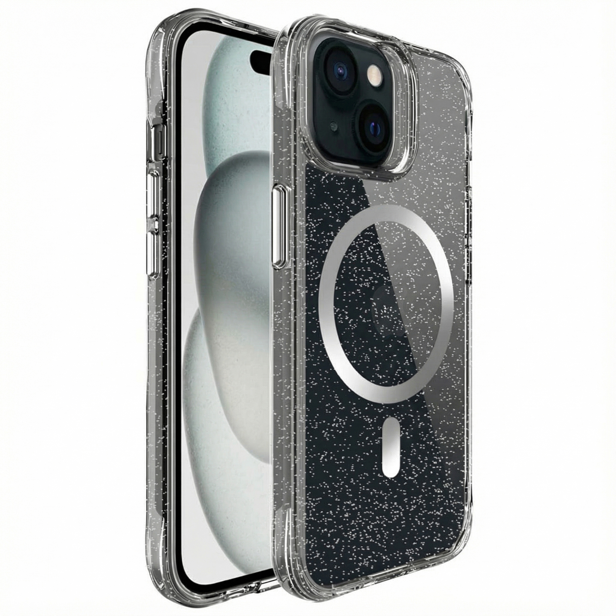 Een doorzichtige telefoonhoes met glitter en magneetring op een iPhone.