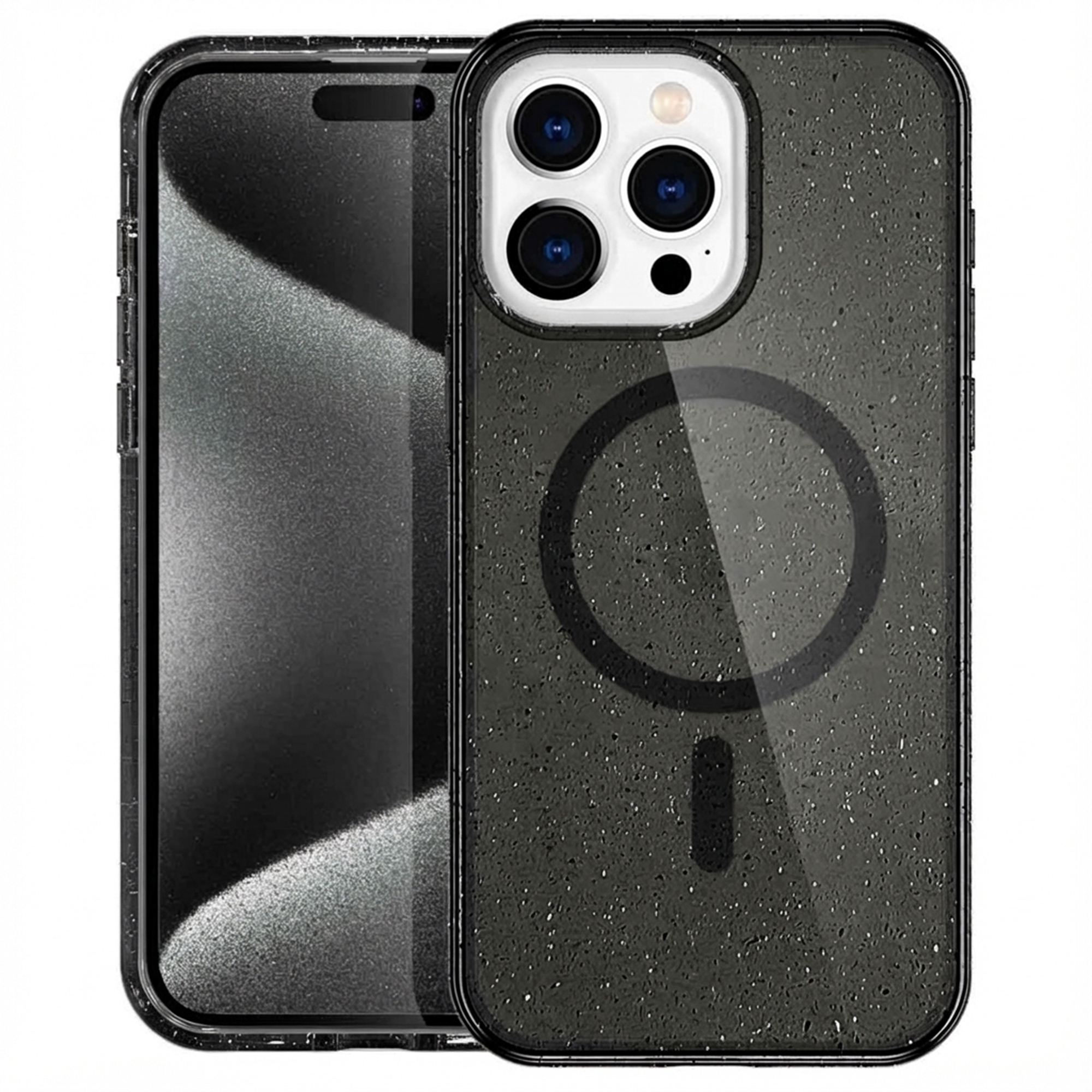 Une coque de téléphone foncée avec des mouchetures et un indicateur MagSafe.