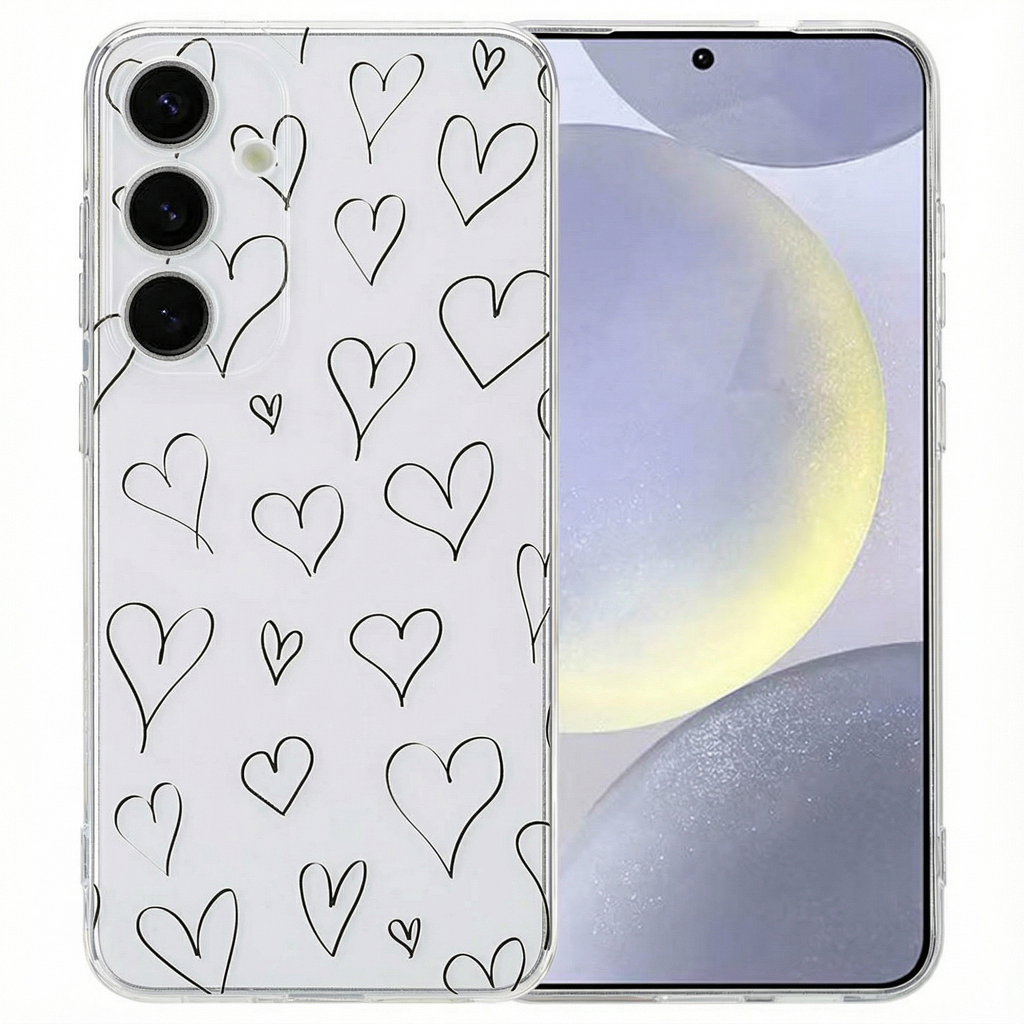 Une coque de téléphone transparente avec des cœurs noirs dessinés à la main.
