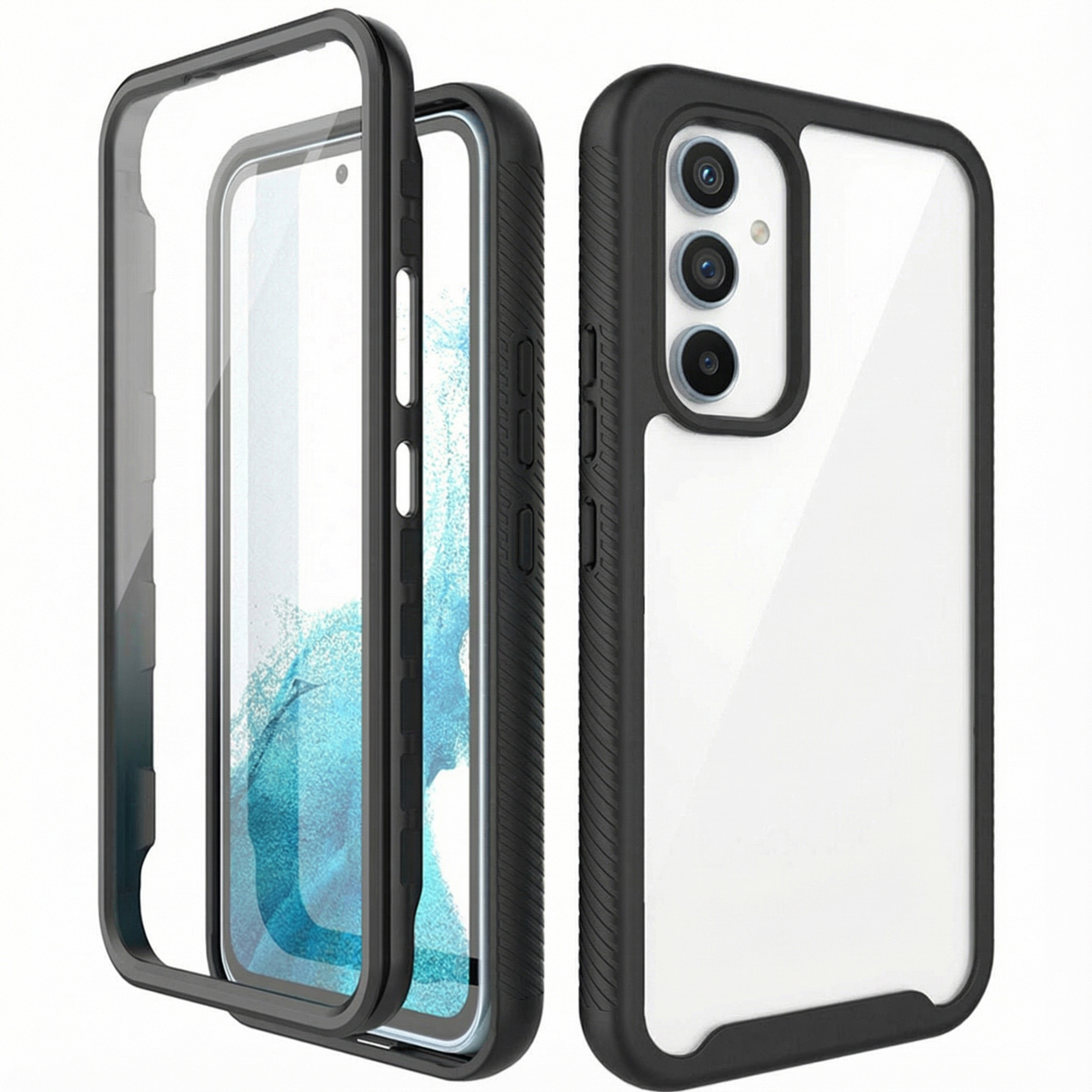 Twee zwarte telefoonhoesjes met doorzichtige achterkanten en camerauitsnijdingen.