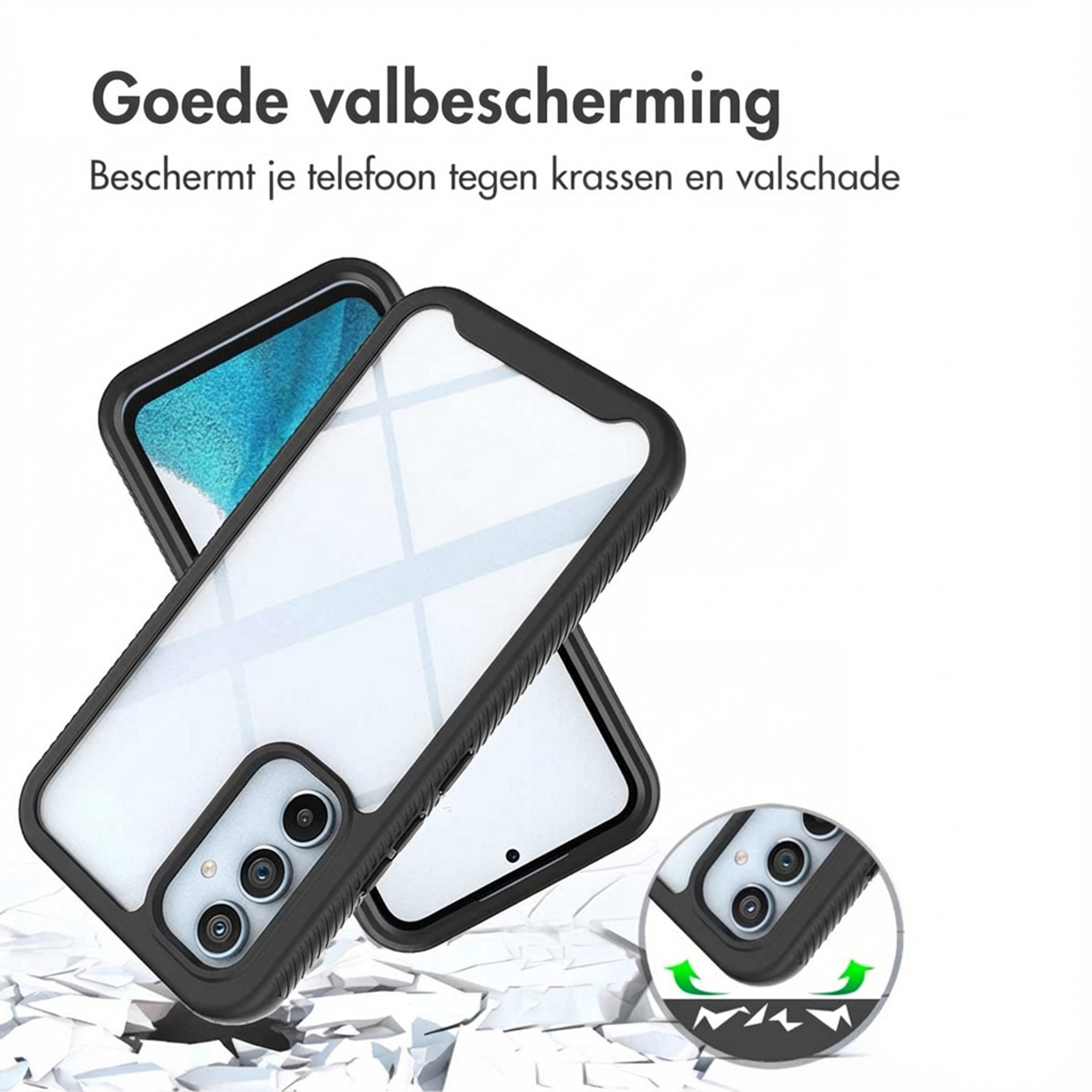 Een zwarte telefoonhoes beschermt een telefoon tegen vallen op witte achtergrond.