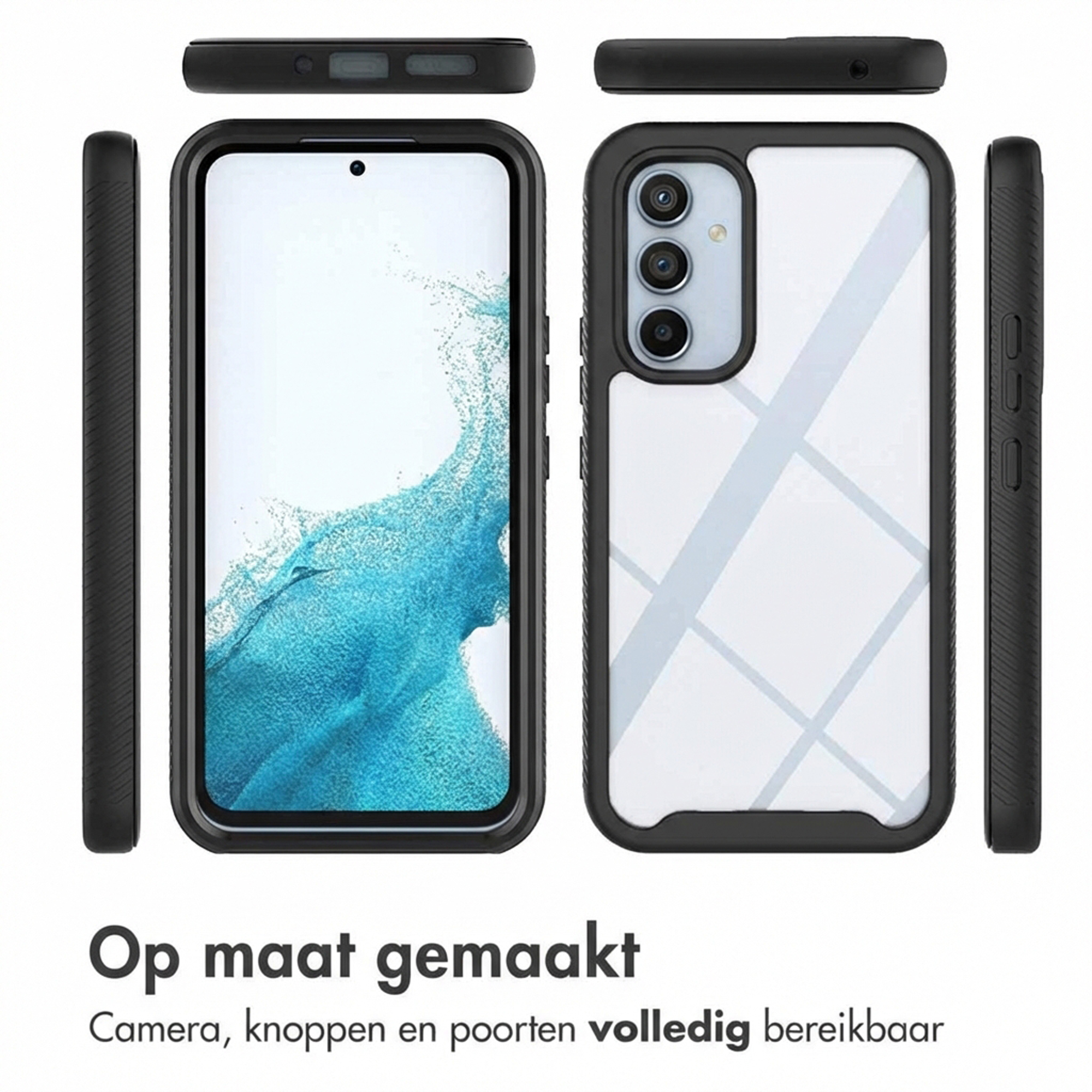 Zwarte telefoonhoes set met voor-, achter- en zijaanzichten.