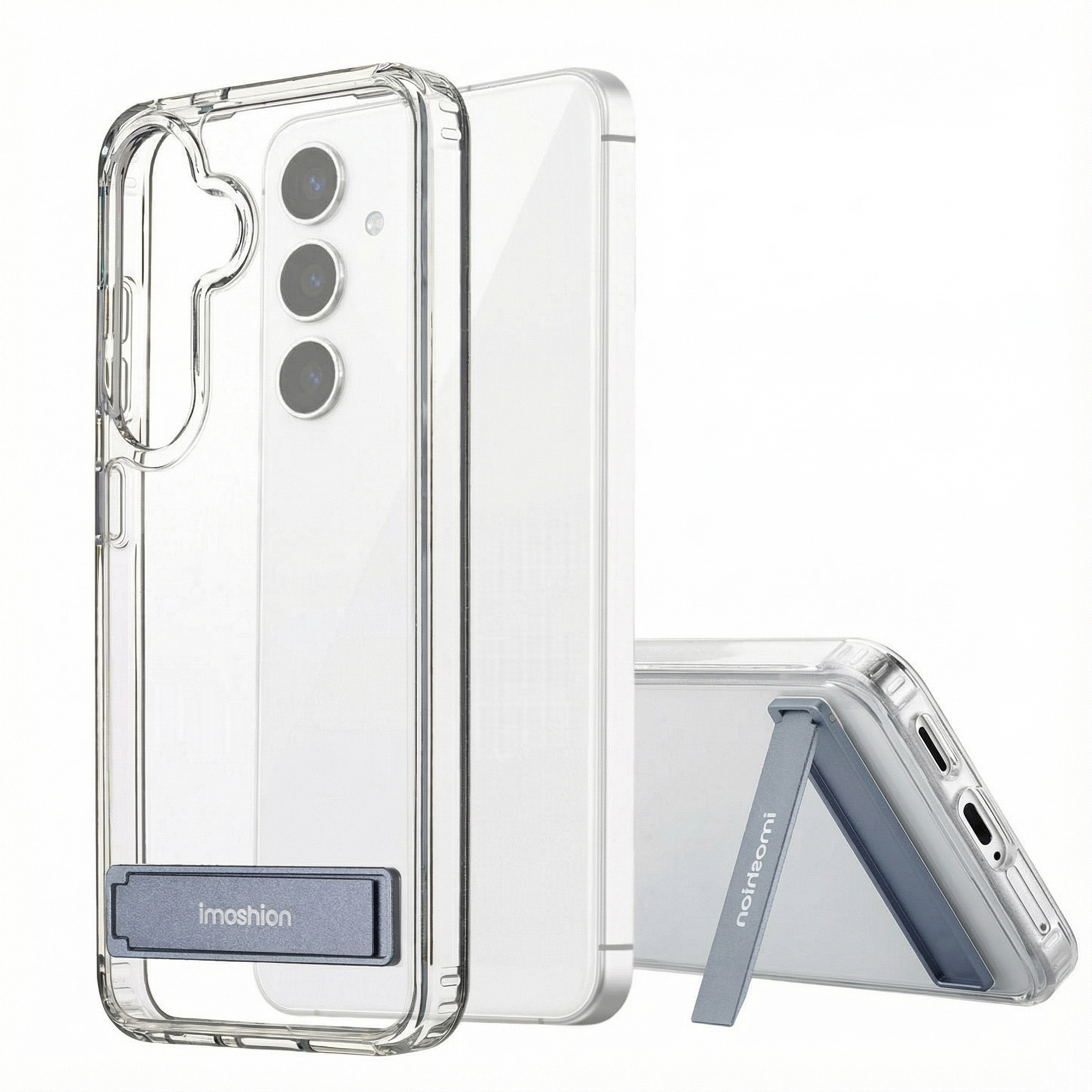 Custodia trasparente per telefono con cavalletto integrato.