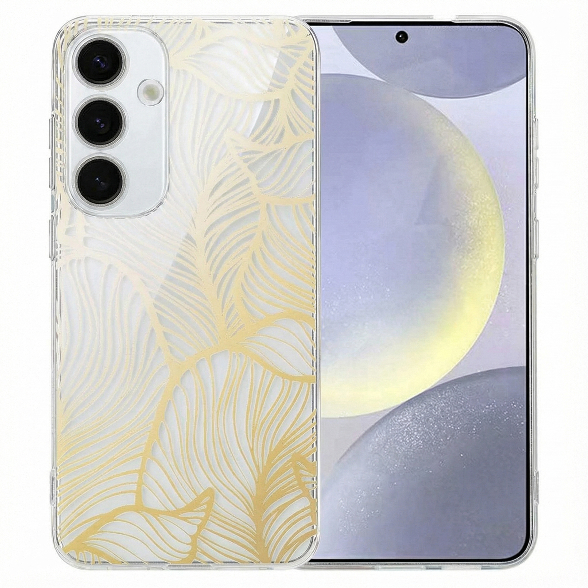 Coque transparente pour téléphone avec motif feuille dorée.