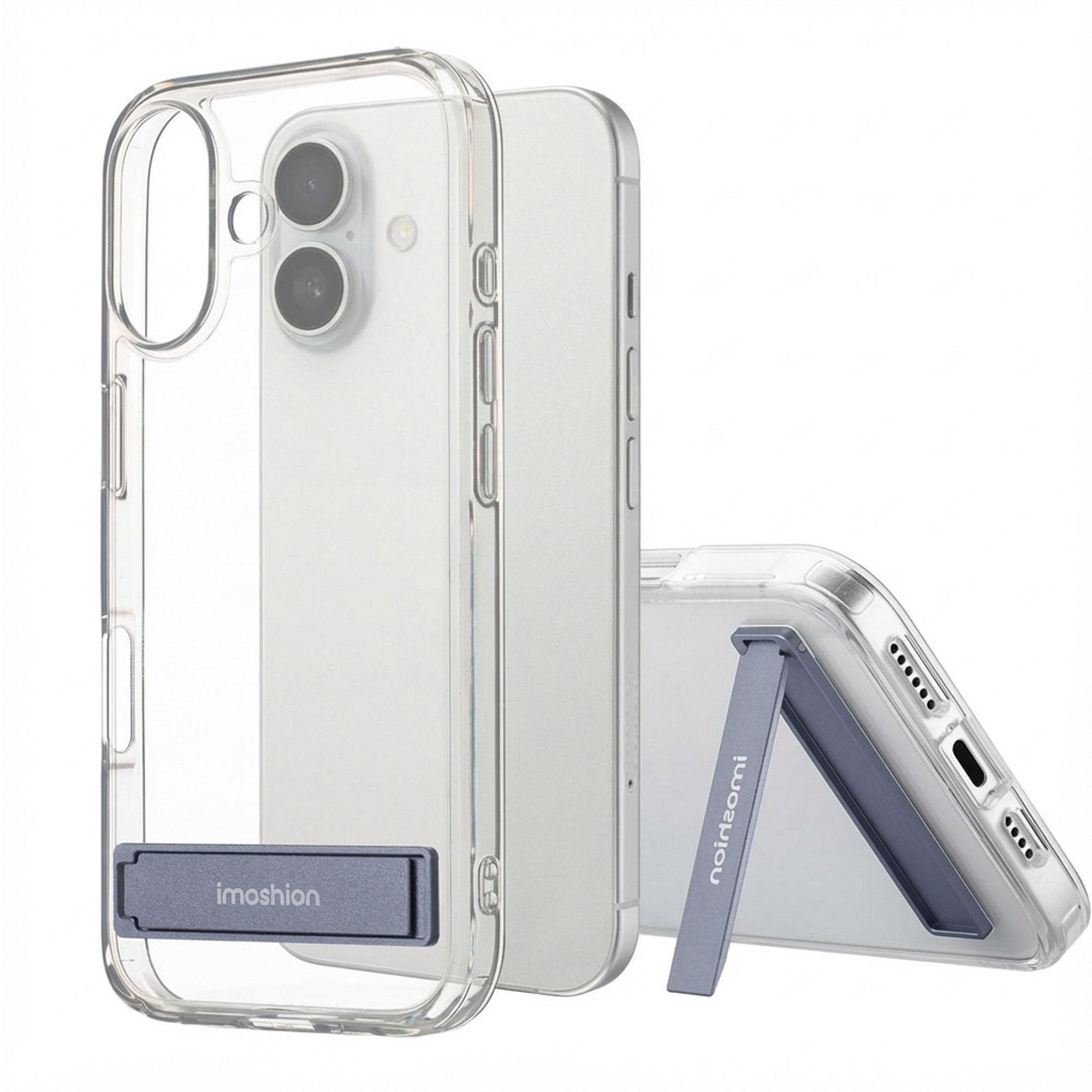 Coque de téléphone transparente avec support bleu, montrant la caméra arrière et le port de charge.