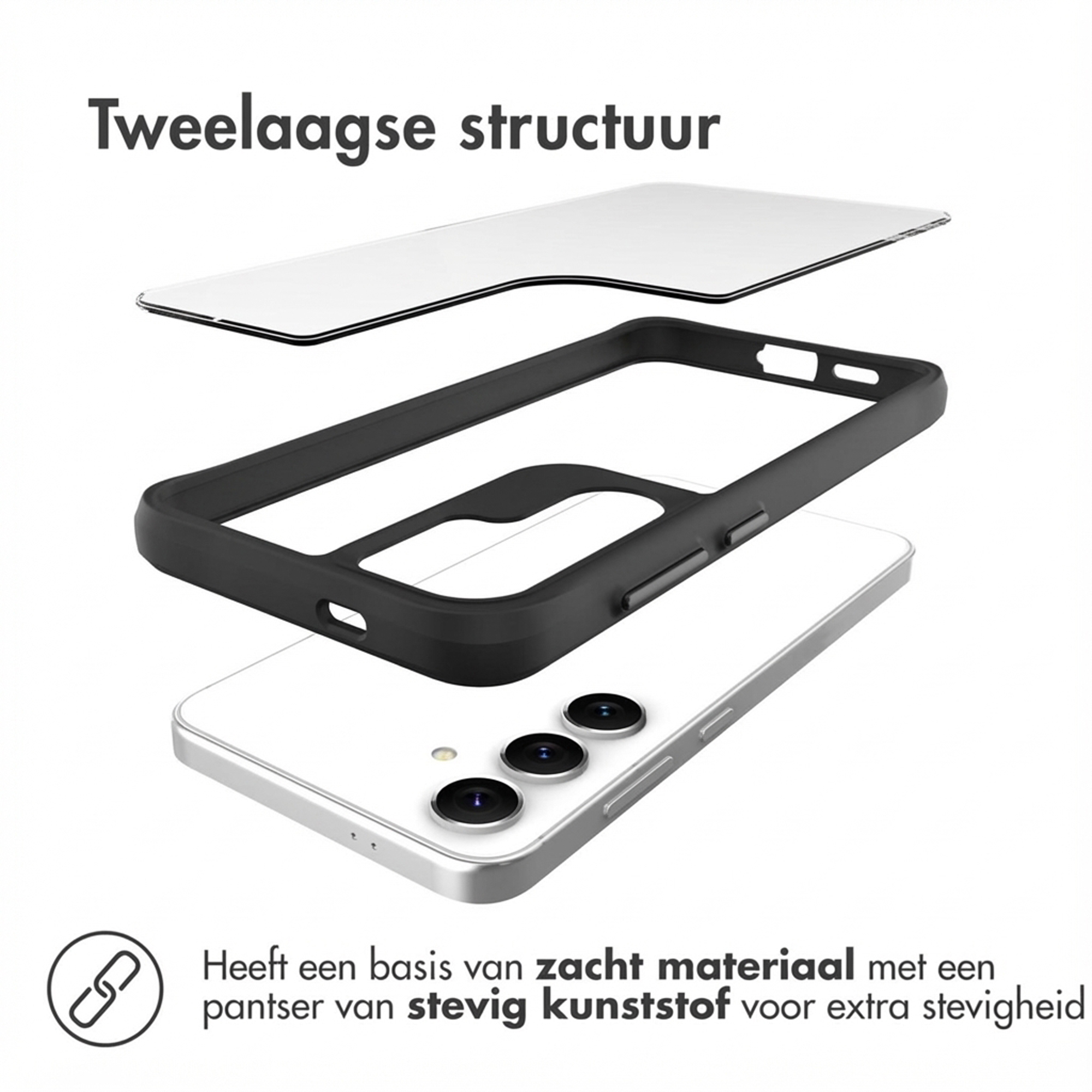 Explosie weergave telefoonhoes: screenprotector, zwart frame, witte telefoon.