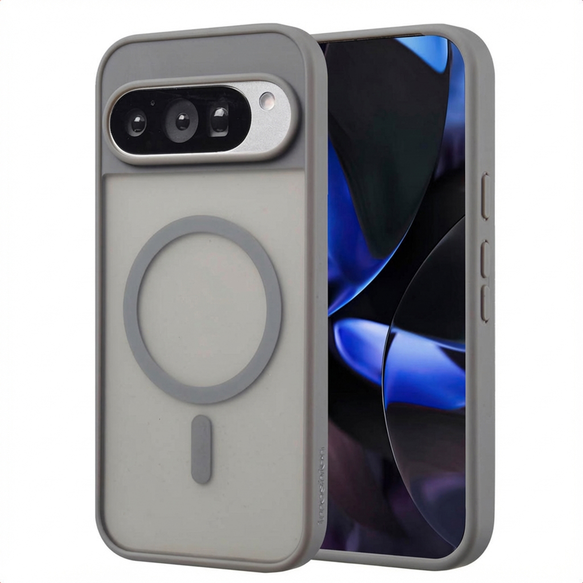 Grijze telefoonhoes met camerablok en magnetische ring aan de achterkant.