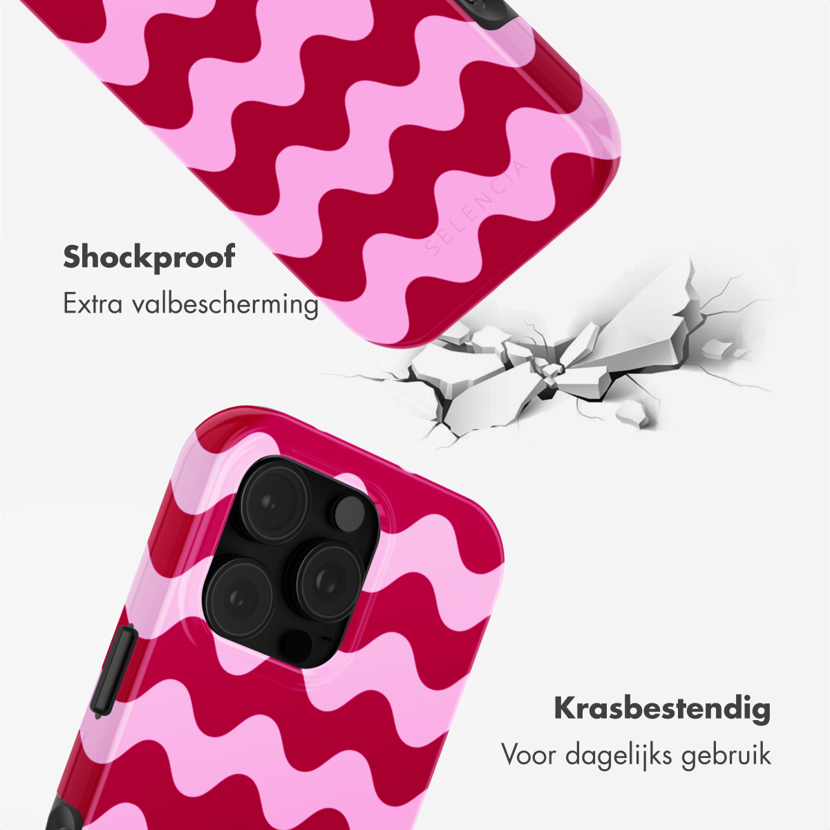 Twee roze telefoonhoesjes met golvend patroon, één breekt.
