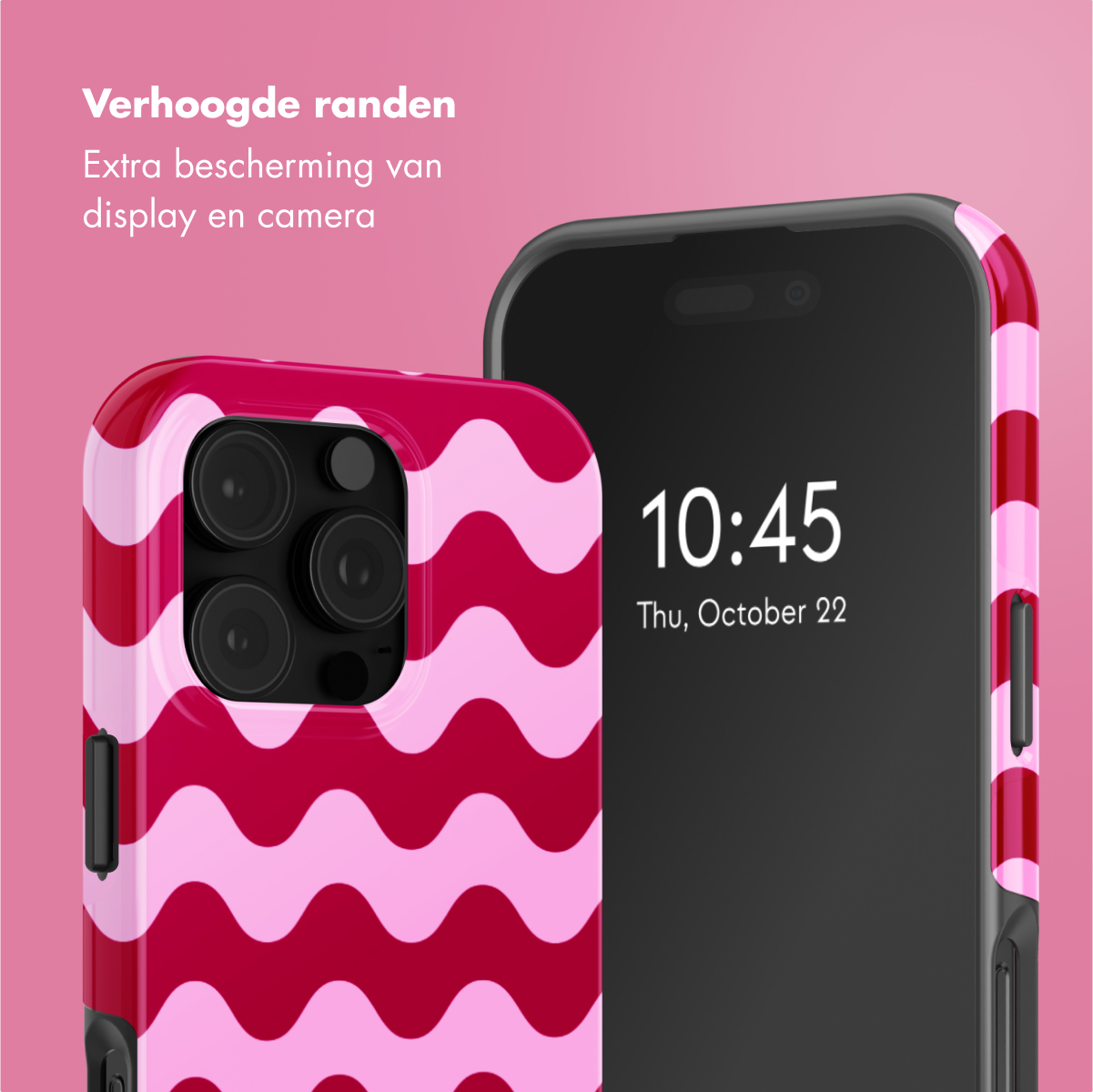 Een smartphone met een roze golvend patroon hoesje en een tweede telefoon met vergrendeld scherm.