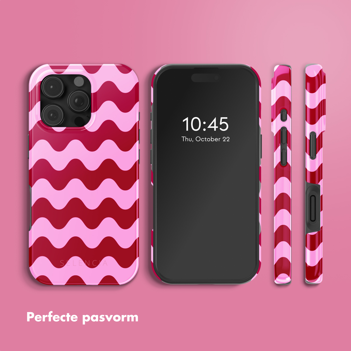 Telefoonhoesje met roze en rode golvende patronen.