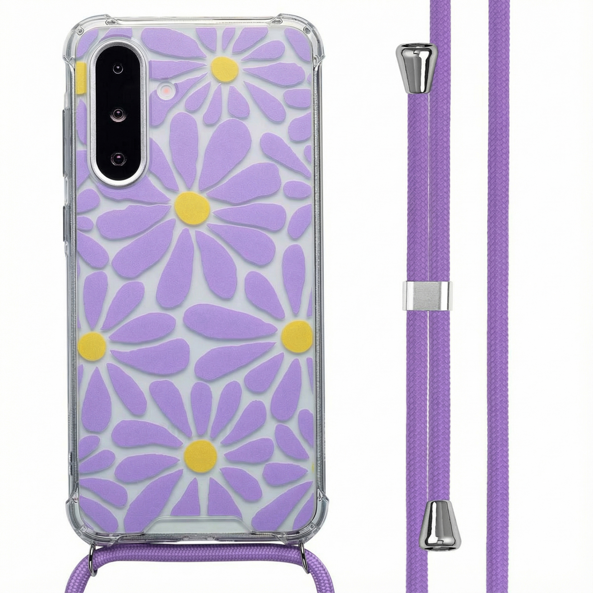 Transparante telefoonhoes met paars madeliefjespatroon en gele middenstukken.