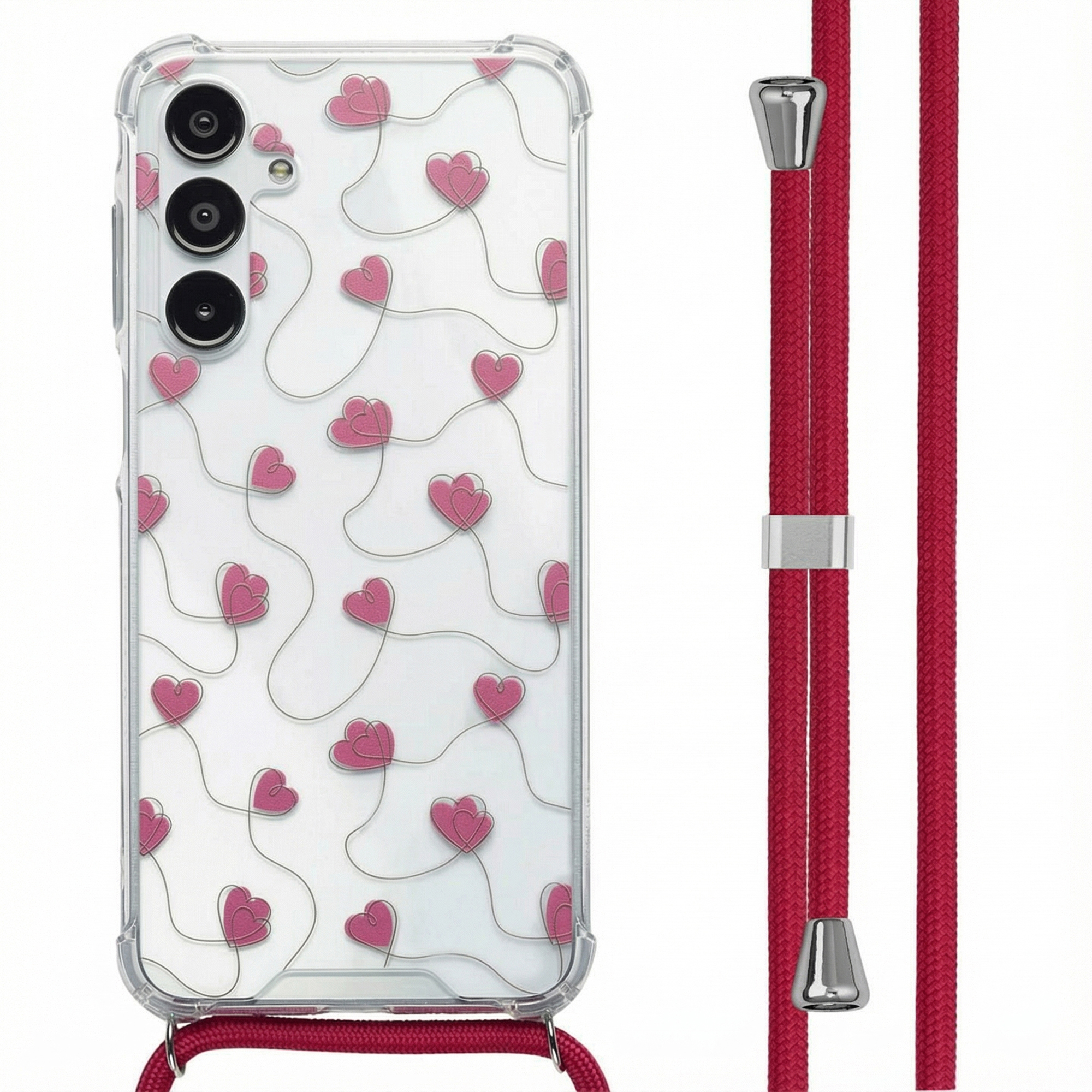Doorzichtige telefoonhoes met roze hartjespatroon en rood koord.