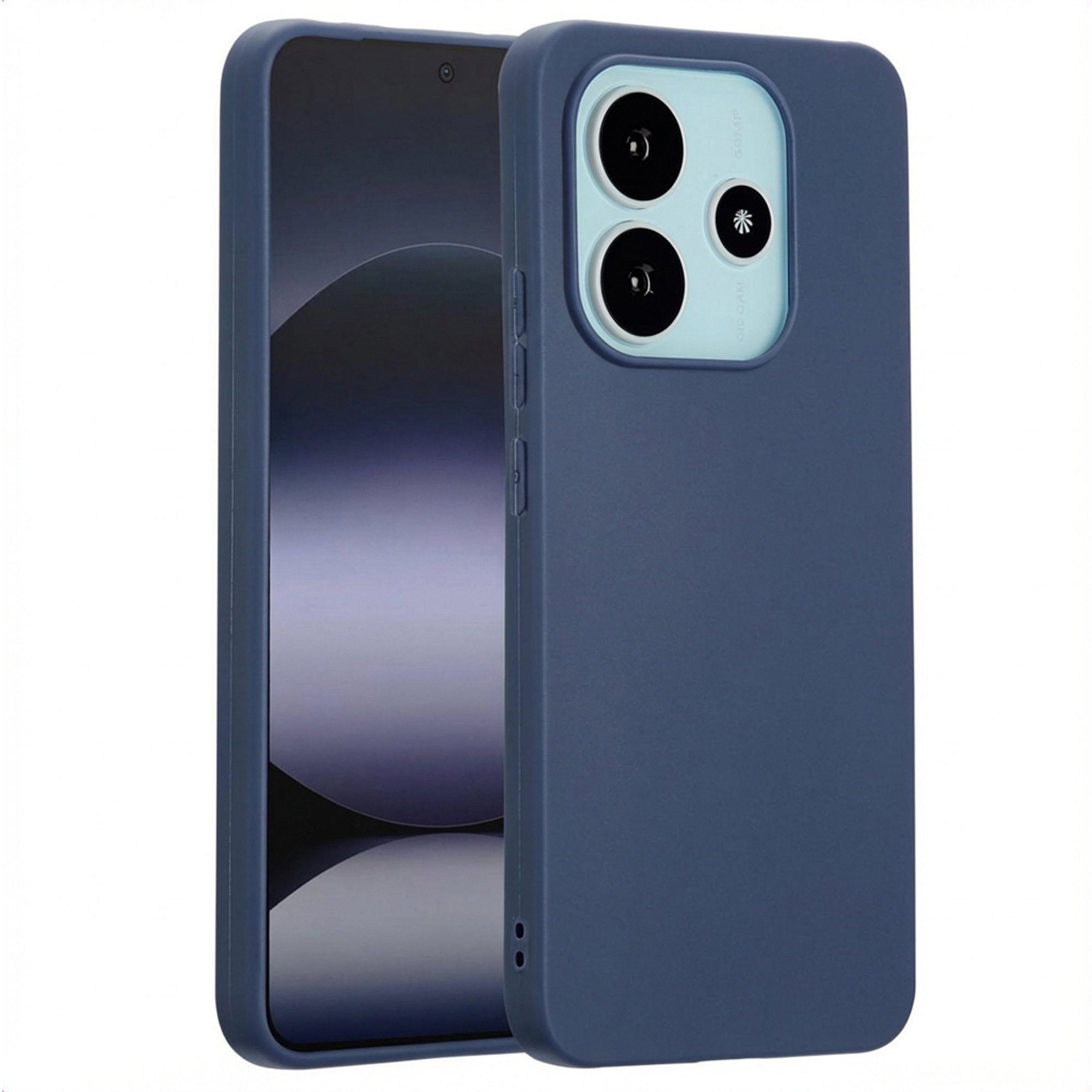 Coque de téléphone bleu foncé avec module caméra sur fond bleu clair.