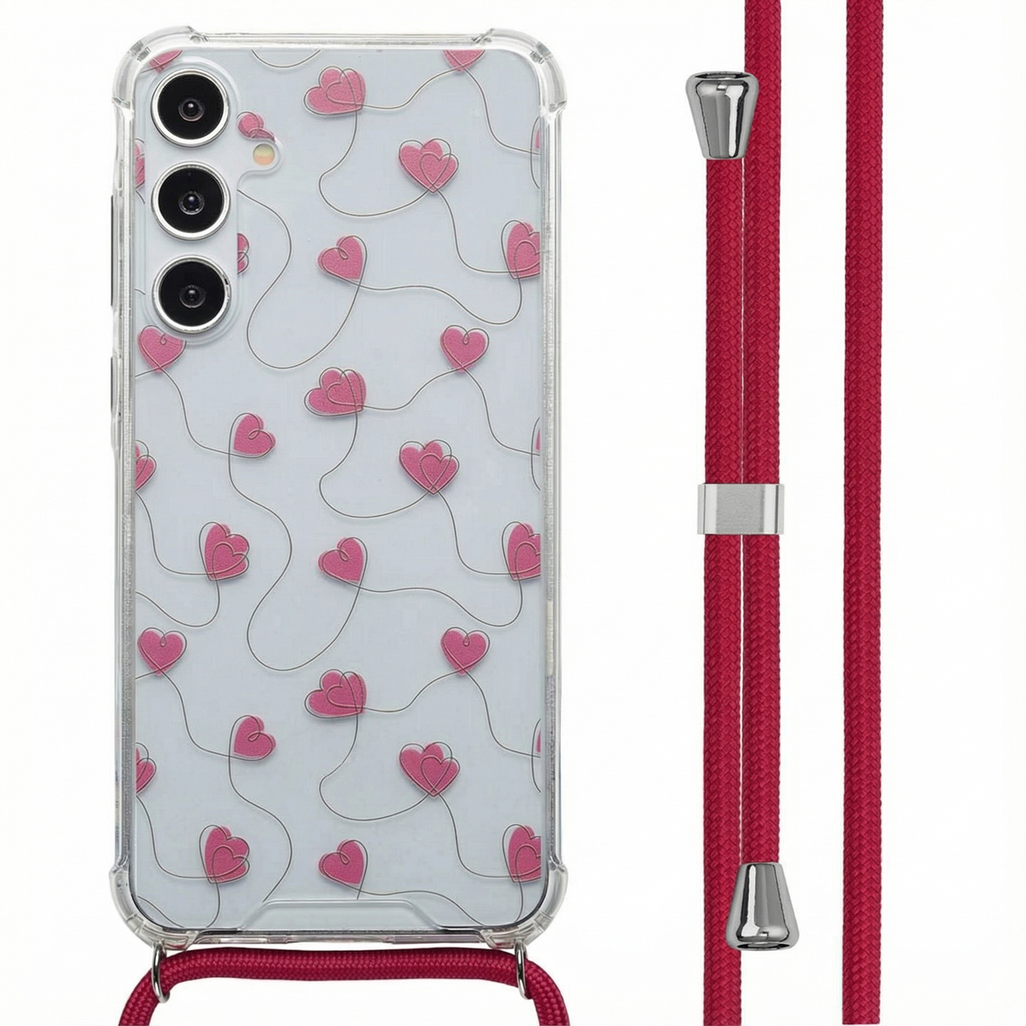 Coque de téléphone transparente avec cœurs roses et cordon rouge.
