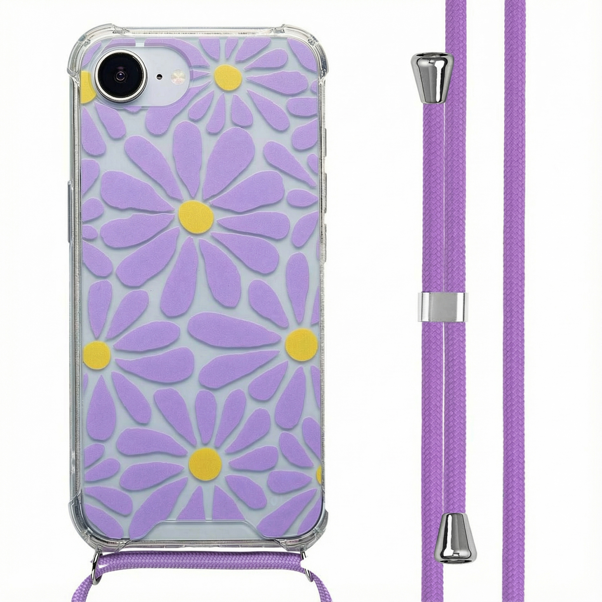 Une coque de téléphone transparente avec des fleurs violettes et des centres jaunes, à côté de cordons violets.