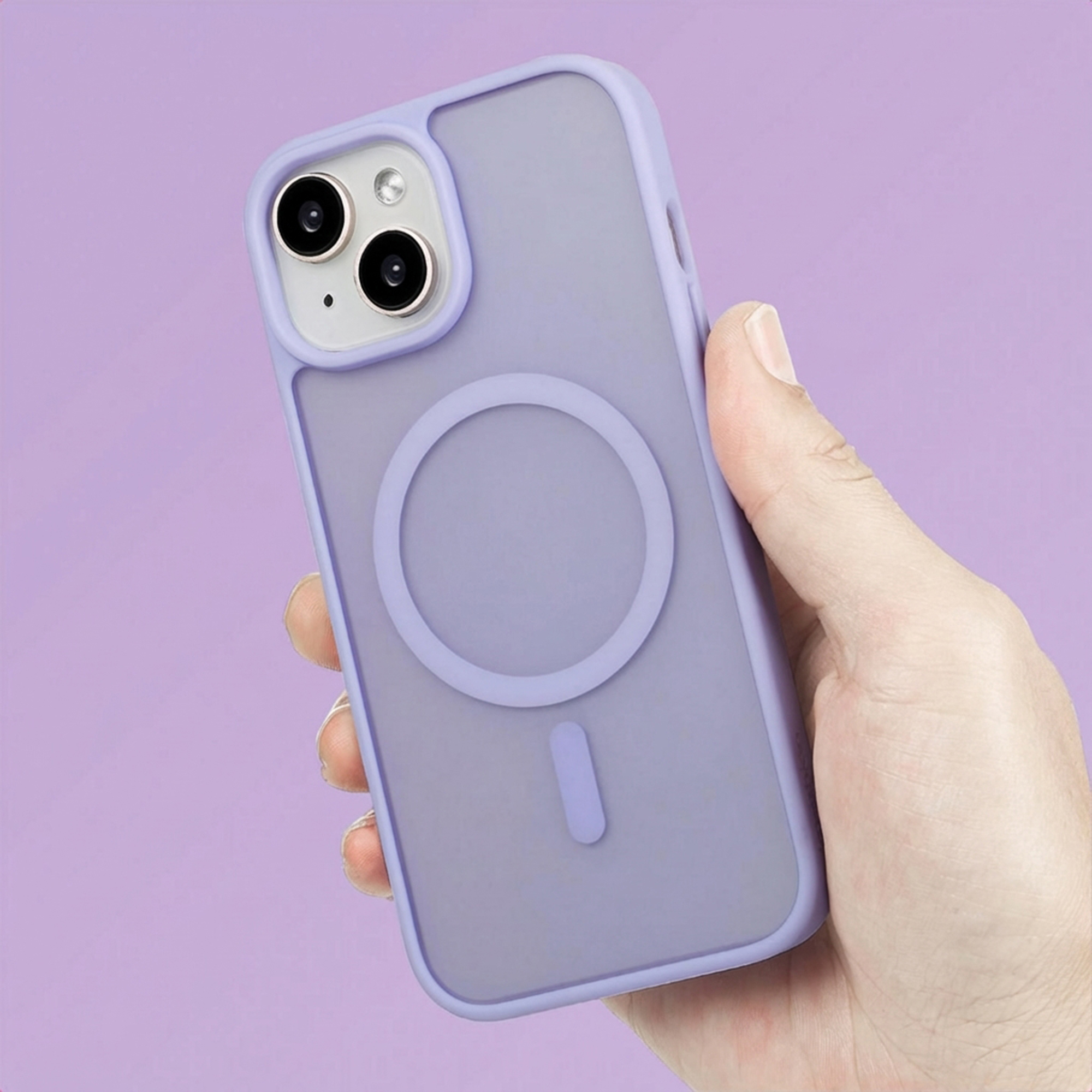 A hand holds a purple iPhone case with a MagSafe ring.