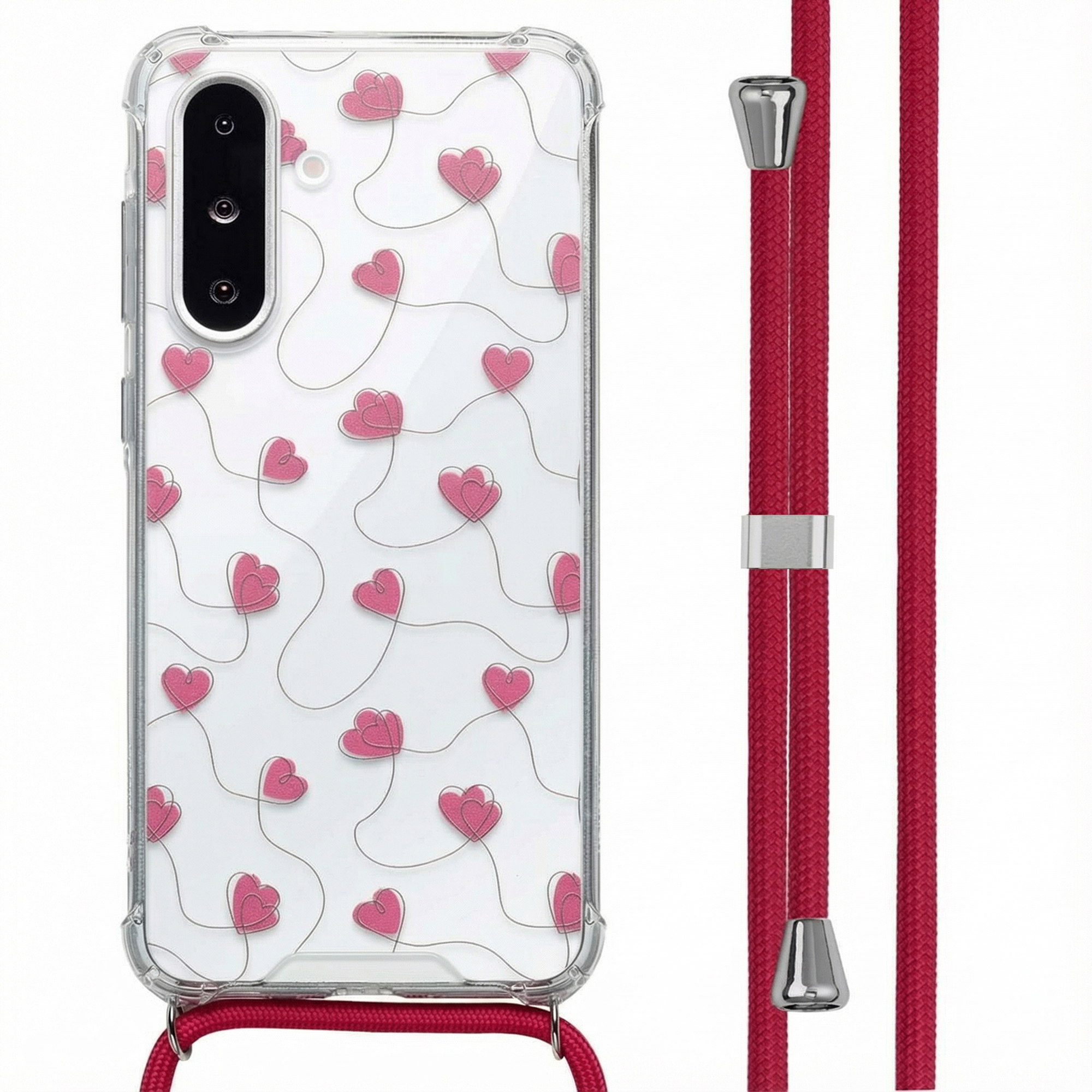 Doorzichtig hoesje met roze hartjes en rode draagband.