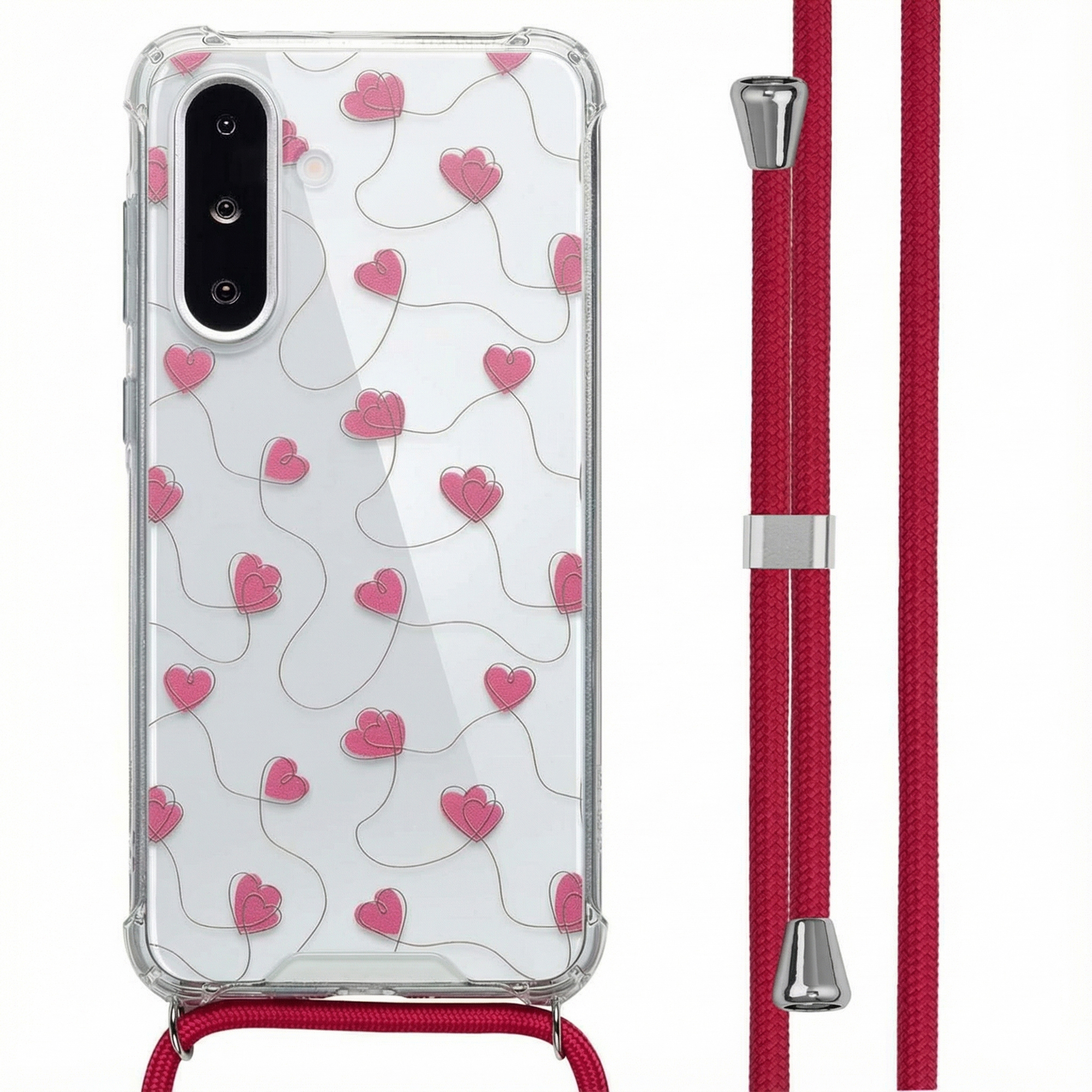 Coque transparente avec cœurs roses et cordon rouge
