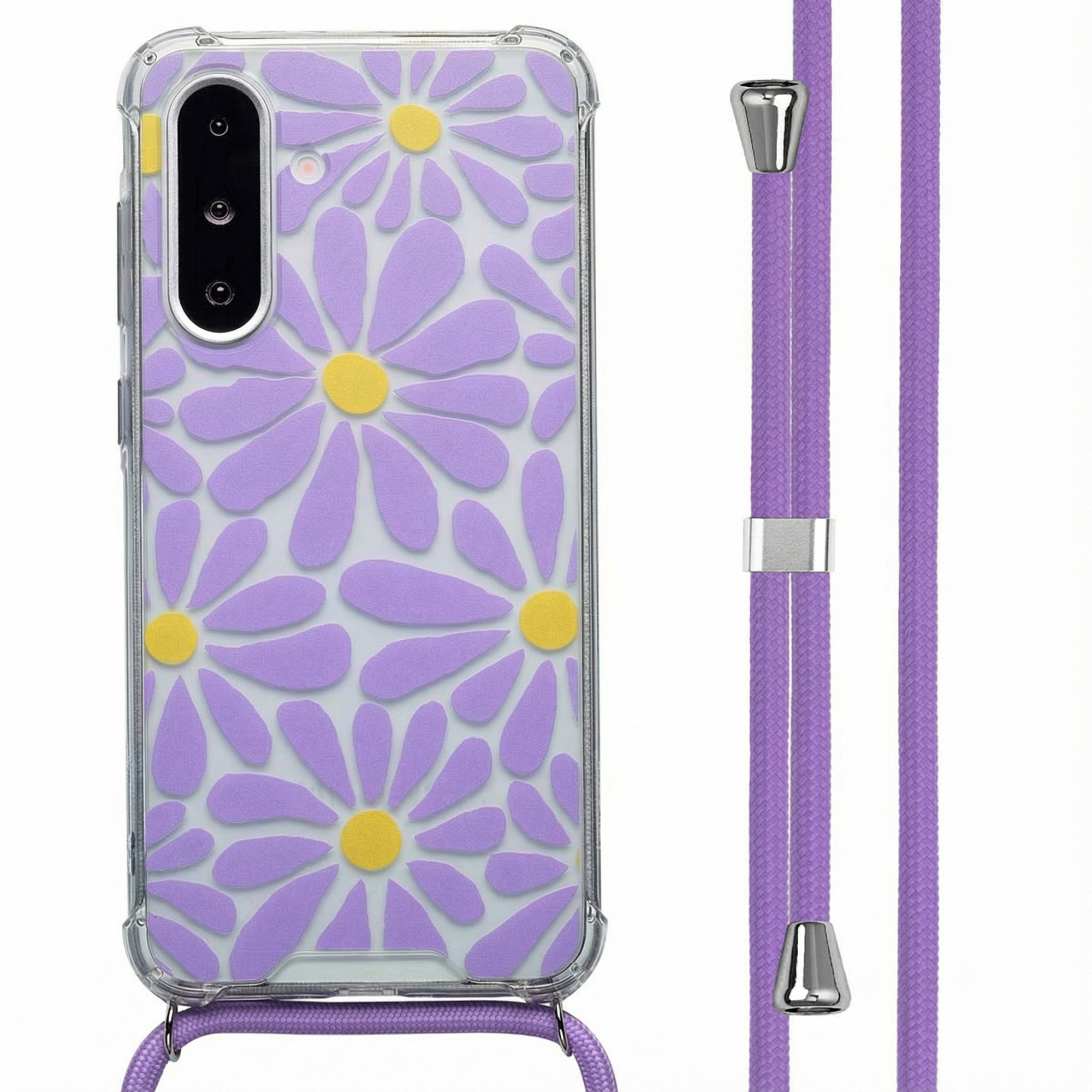 Transparante telefoonhoes met paarse bloemen en gele middenstukken.
