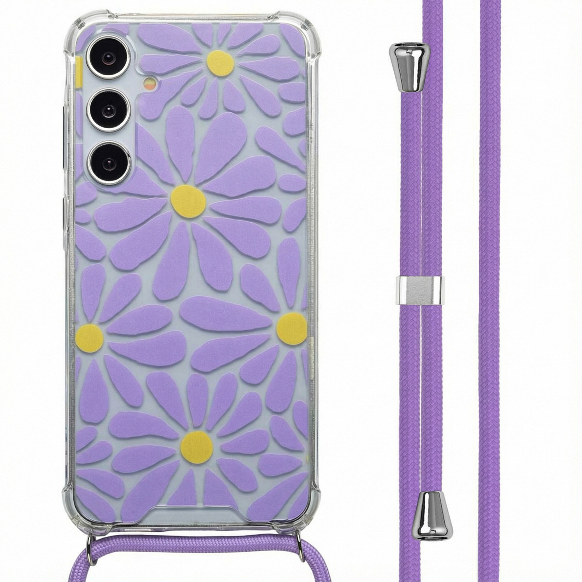 Coque de téléphone violette à motif marguerites et cordon.