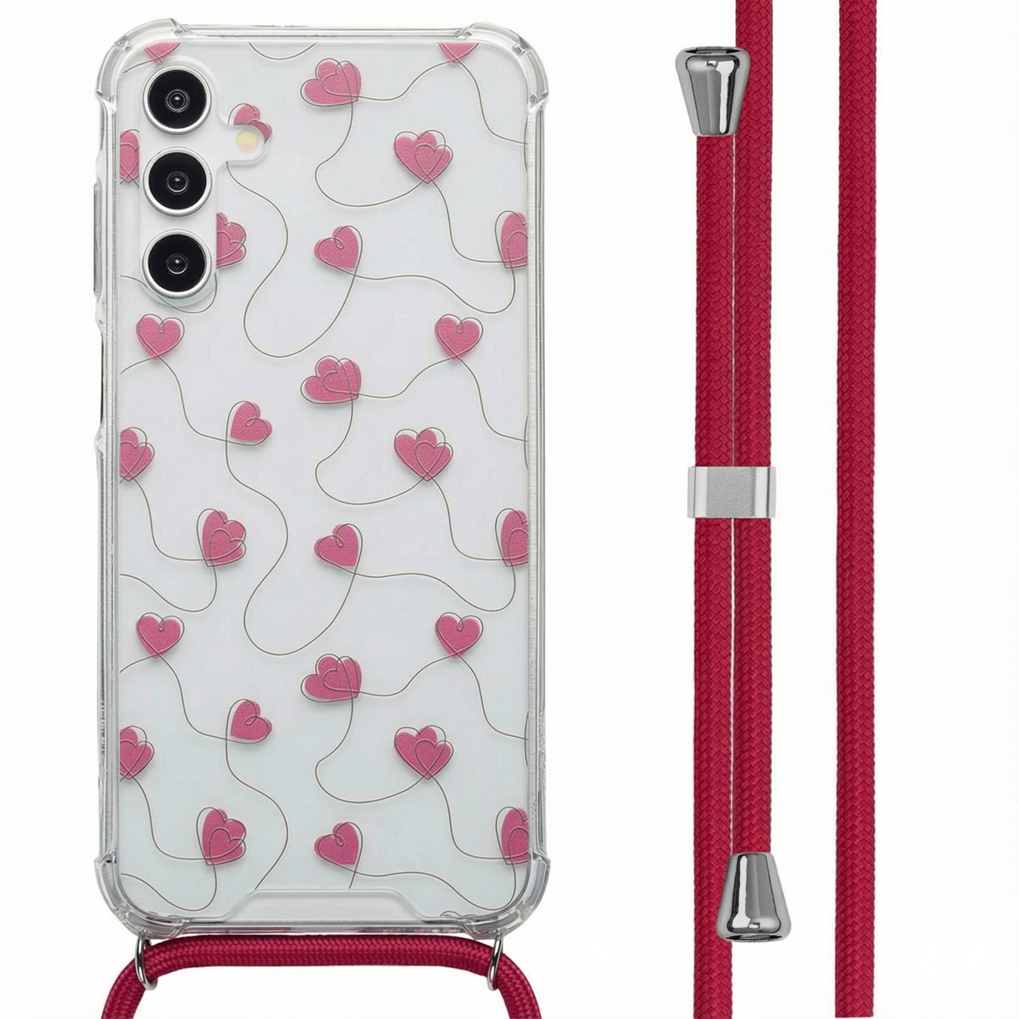 Custodia trasparente per telefono con cuori rosa e cordino.