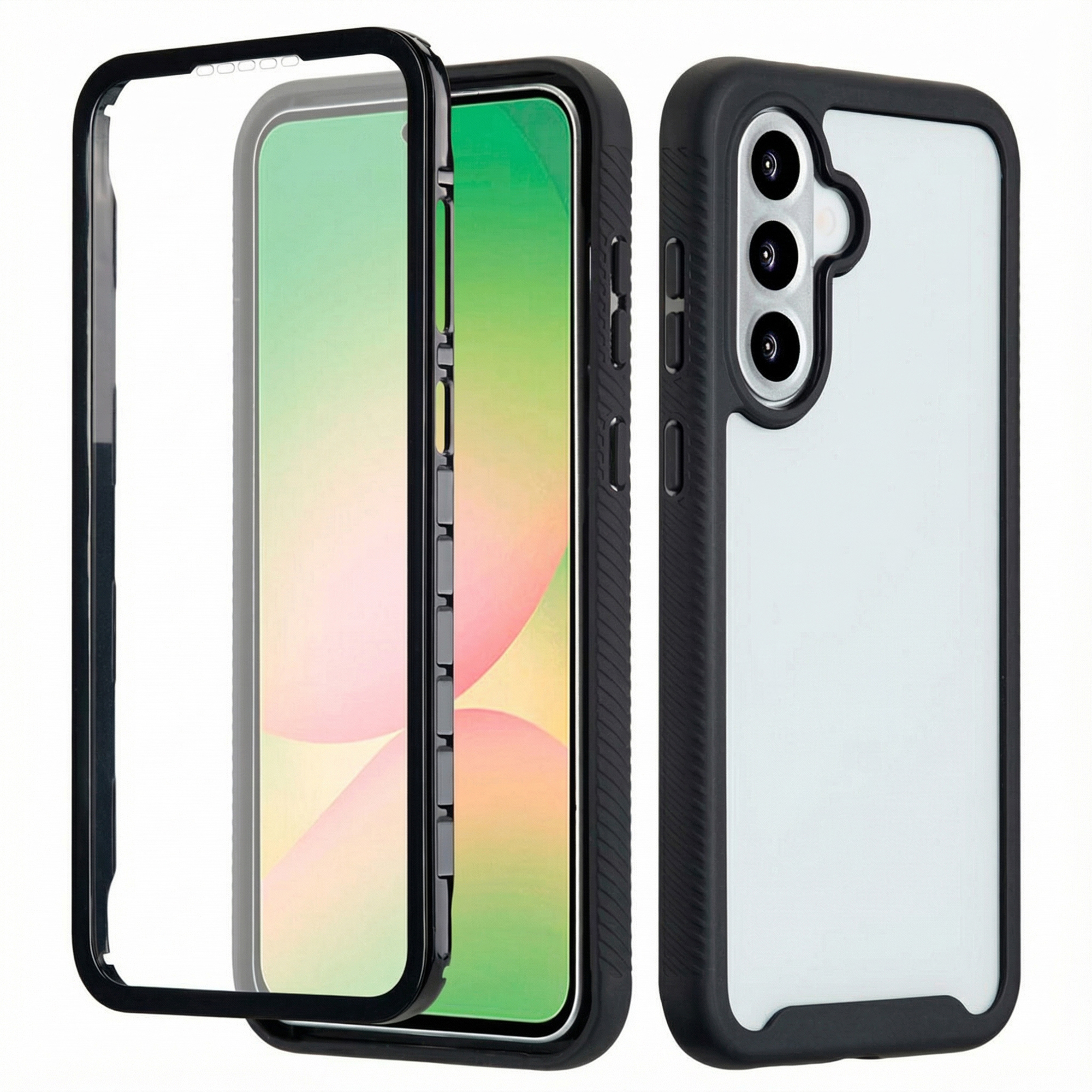 Due custodie per telefono nere, una con cornice trasparente, l'altra con fotocamere.