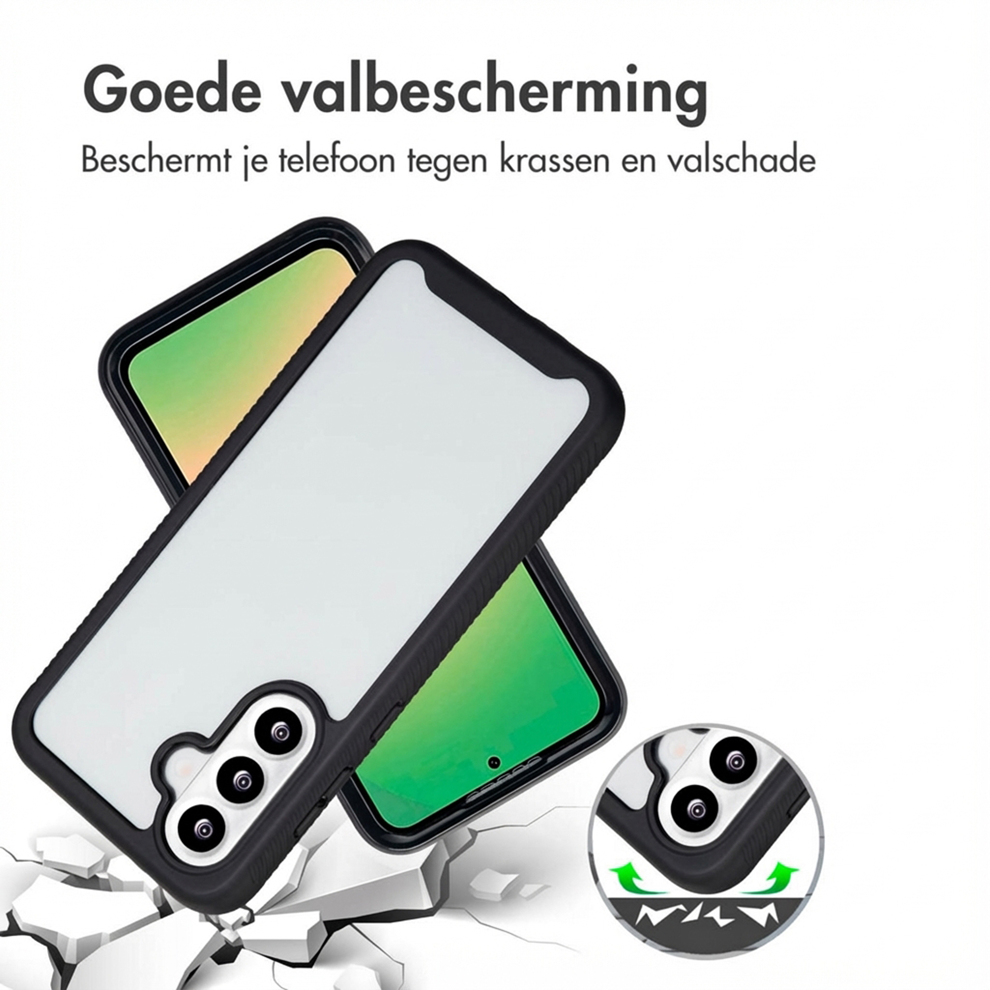 Una custodia nera protegge uno smartphone con schermo verde dai danni.