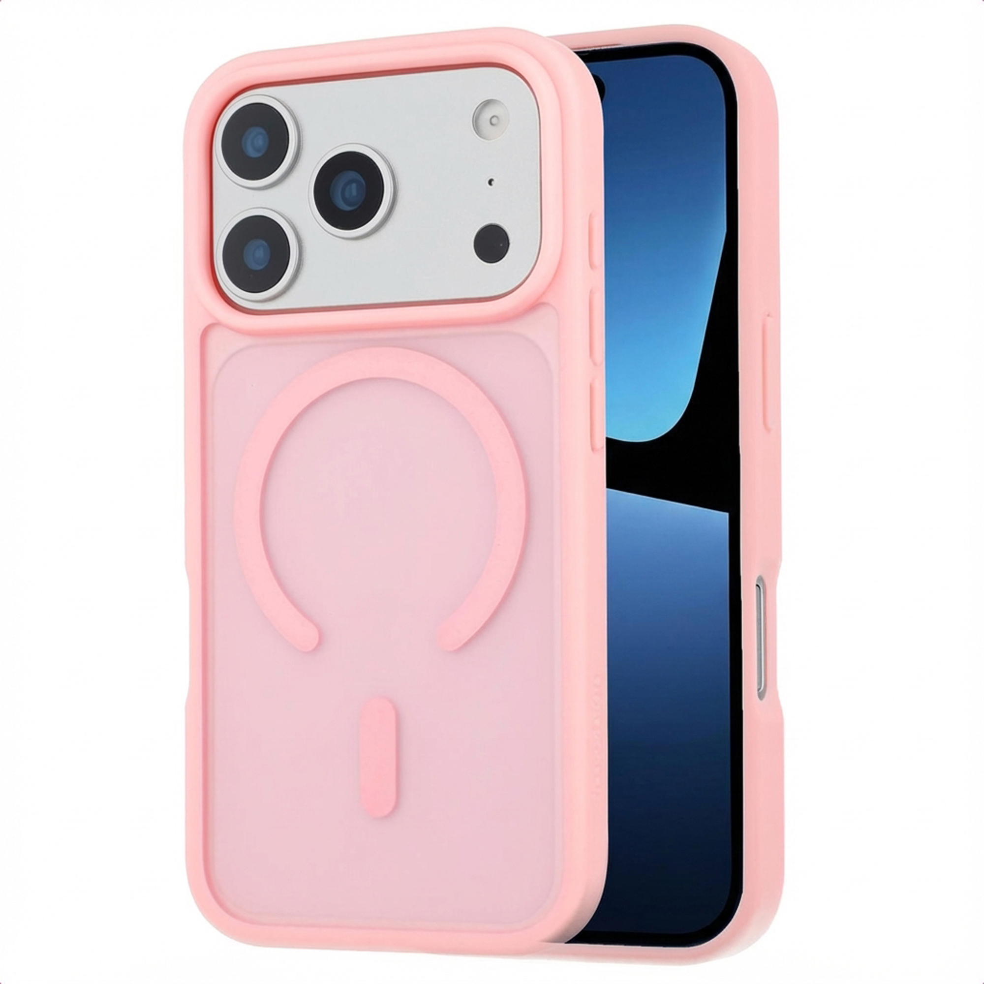 Een roze telefoonhoesje met drie cameralenzen en een magnetische cirkel.
