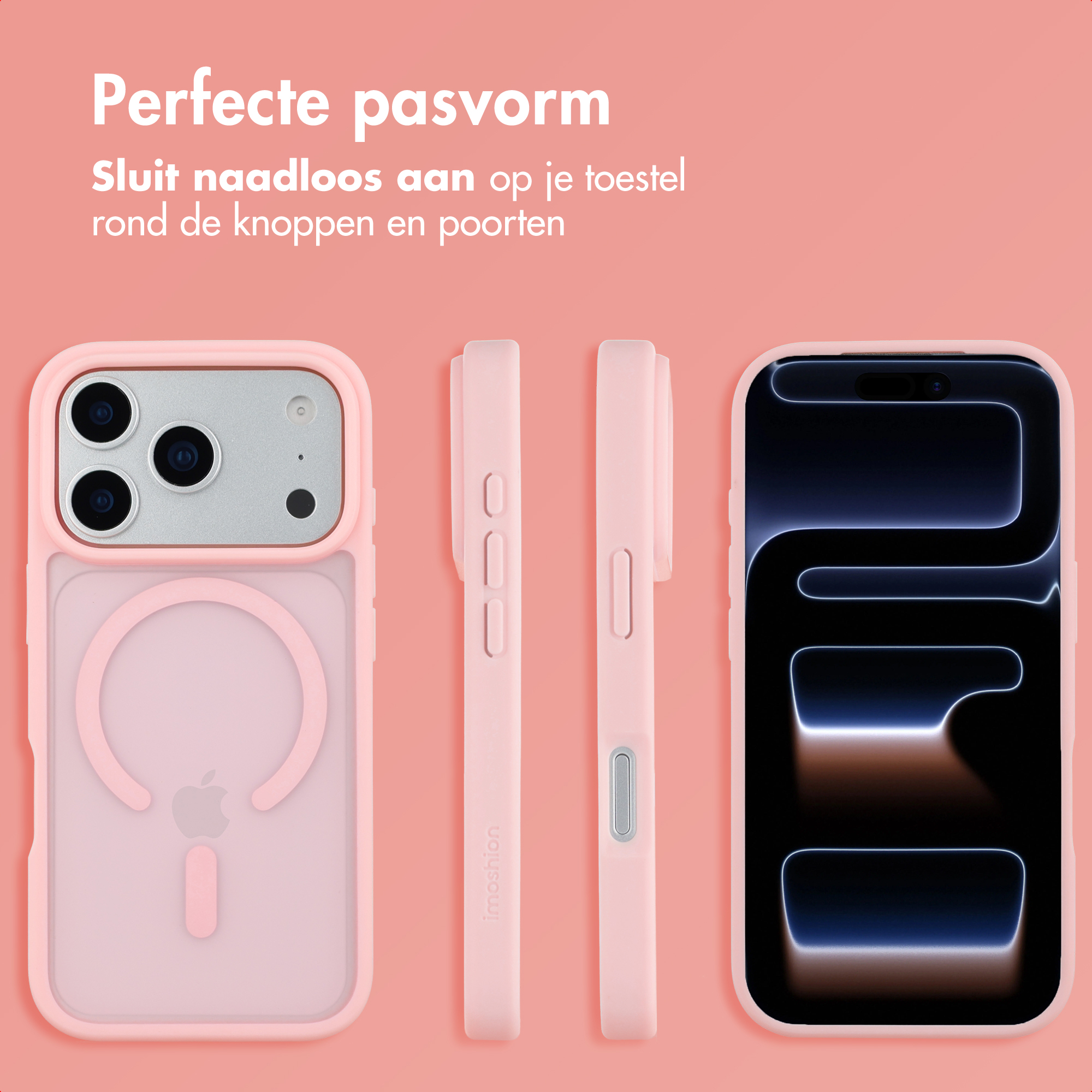 Een roze iPhone hoesje dat de achterkant, camera's en zijkanten toont.
