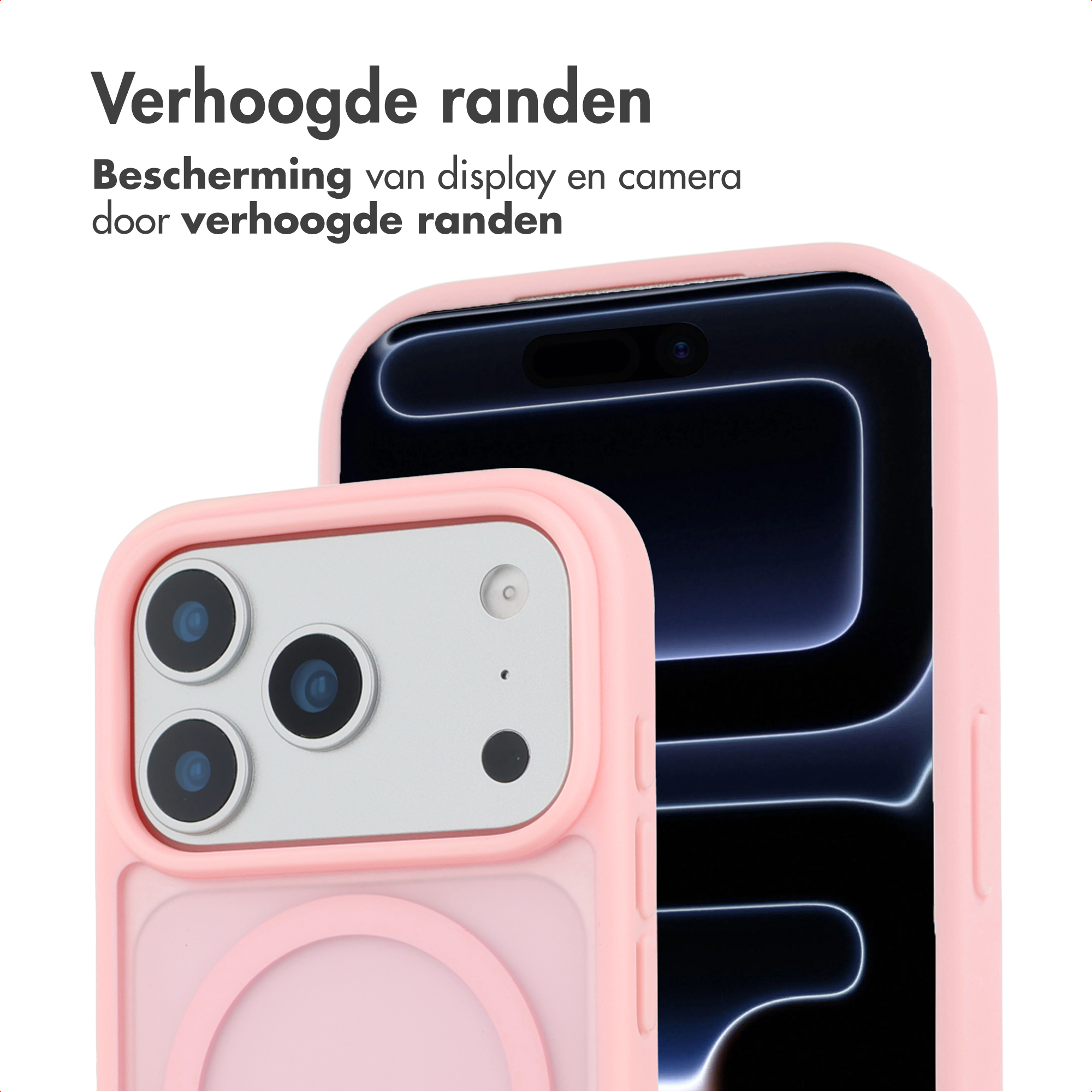 Roze hoesje met verhoogde randen beschermt telefooncamera en display.