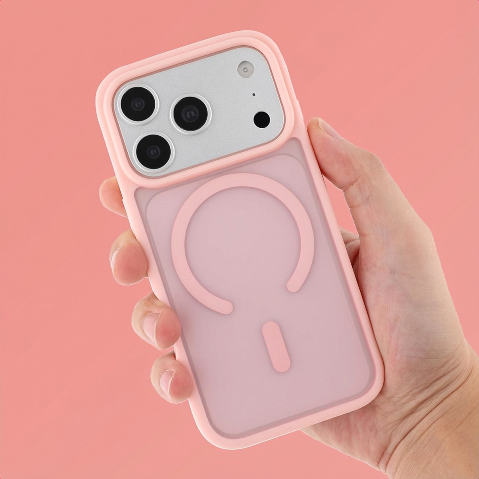Een hand houdt een roze iPhone hoesje vast met MagSafe ring.