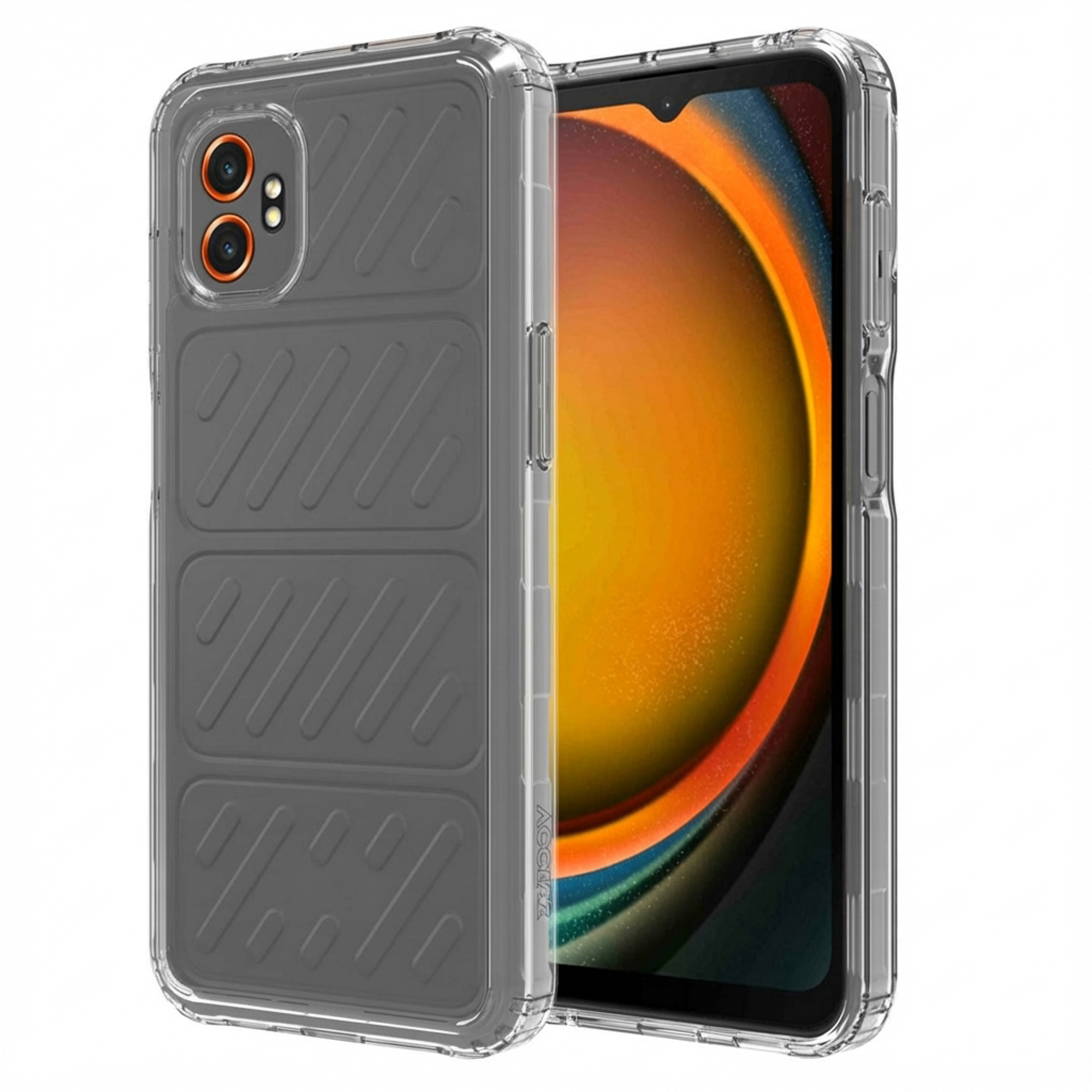 Een doorzichtige telefoonhoes met patroon ligt naast een telefoon.