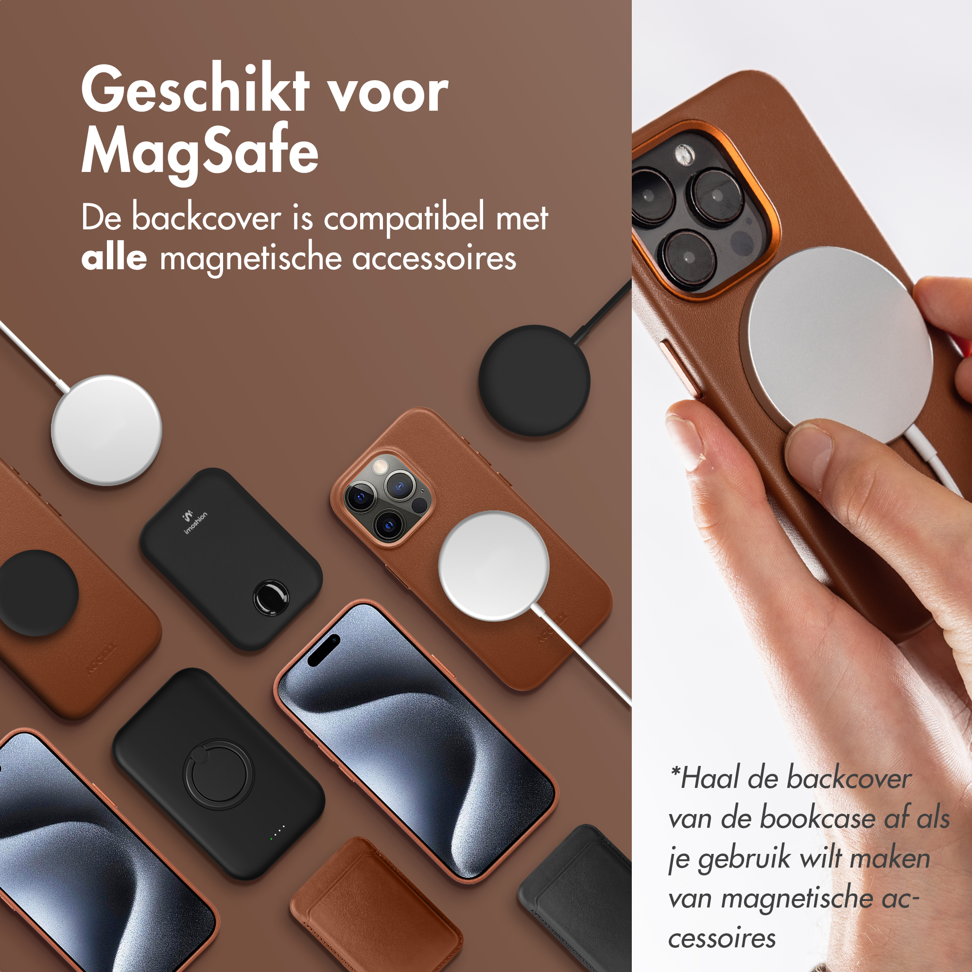 Coques marron pour iPhone avec chargeurs et accessoires MagSafe sur fond marron.