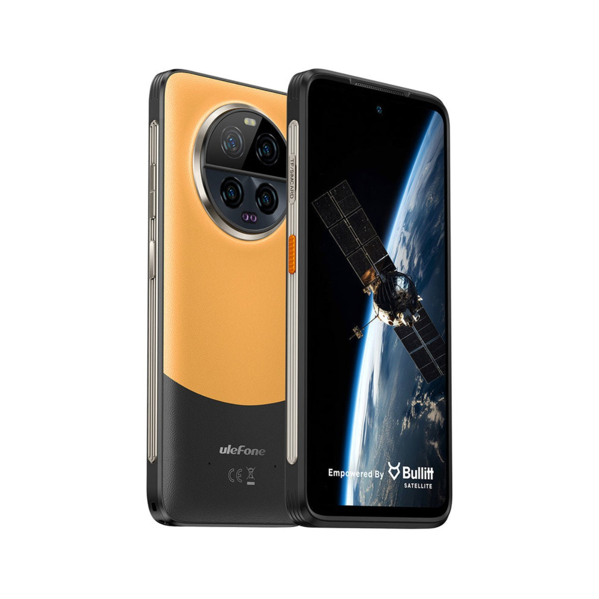 Pomarańczowo-czarny smartfon z satelitą w kosmosie na ekranie.