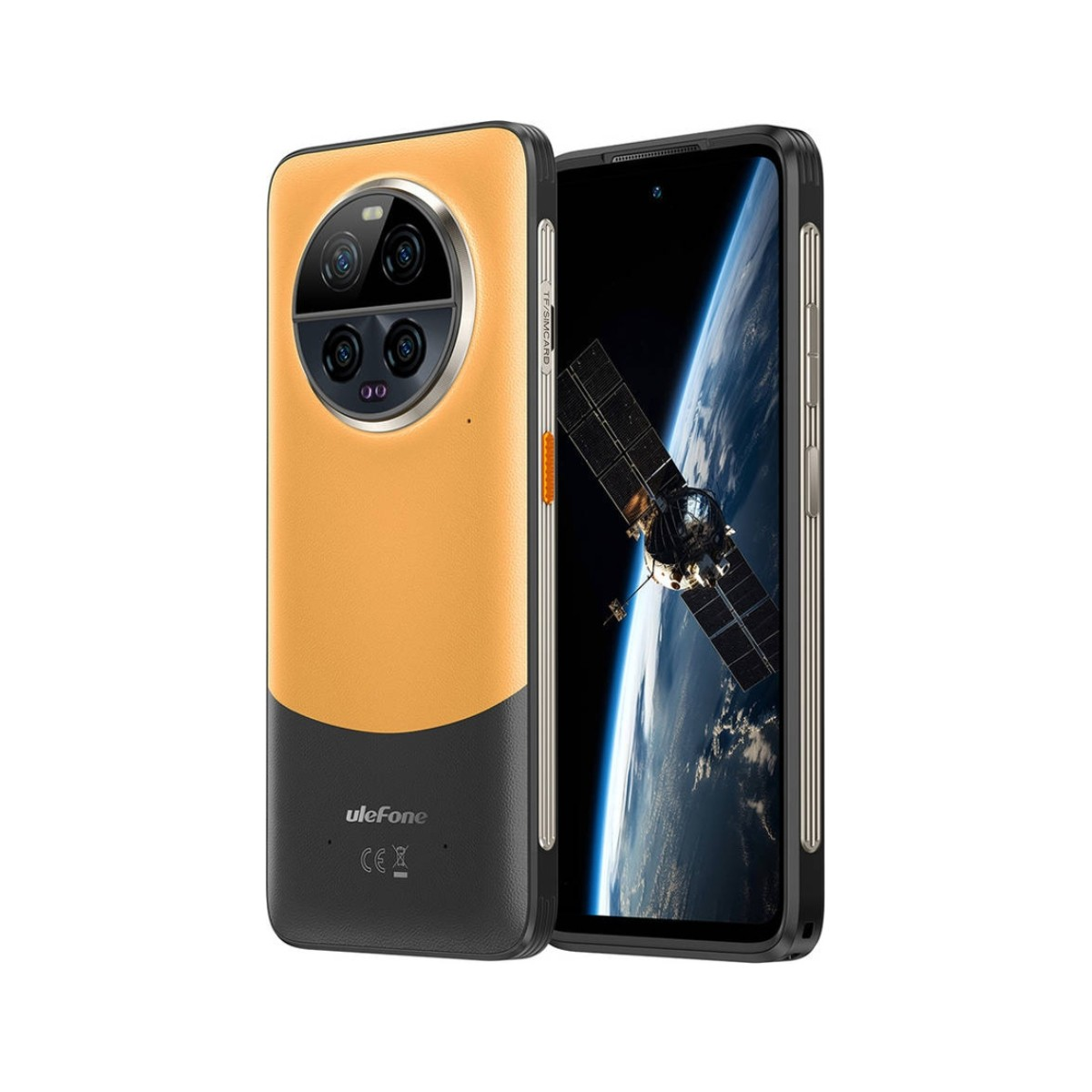 Pomarańczowo-czarny smartfon z obrazem satelitarnym na ekranie.